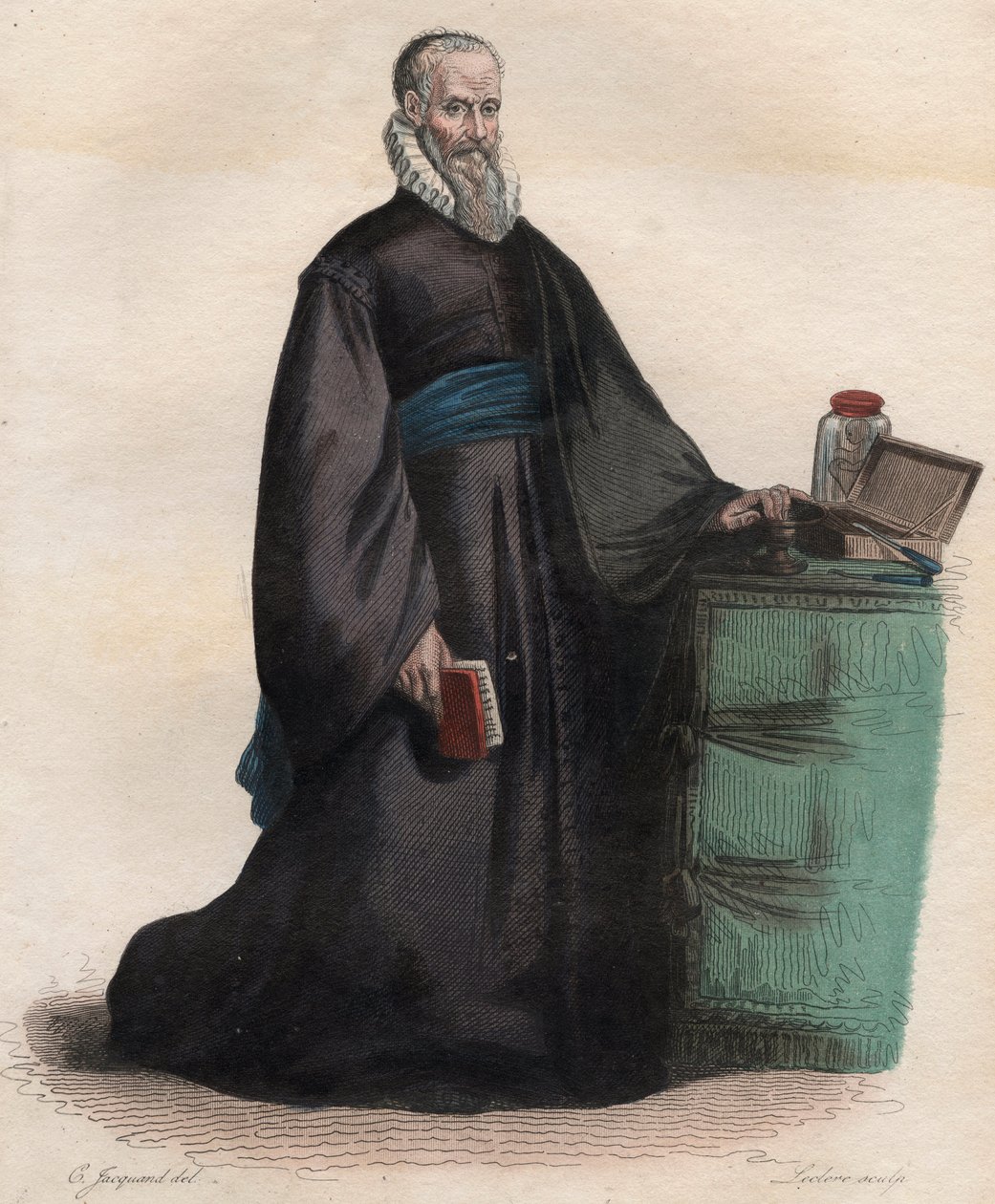 Ranskalaisen kirurgin Ambroise Paren (1509-1590) muotokuva. Kuvitus Edmond Mennechetin "" Ranskan Plutarchista" -kirjasta tekijältä French School