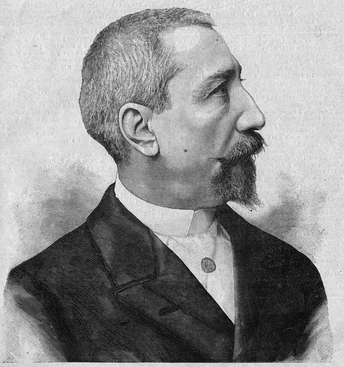 Muotokuva Anatole Francesta (1844-1924), ranskalaisesta kirjailijasta ja runoilijasta, Academy Francaisen jäsenestä. Kaiverrus "La gazette du dimanche" -lehdessä 6. helmikuuta tekijältä French School