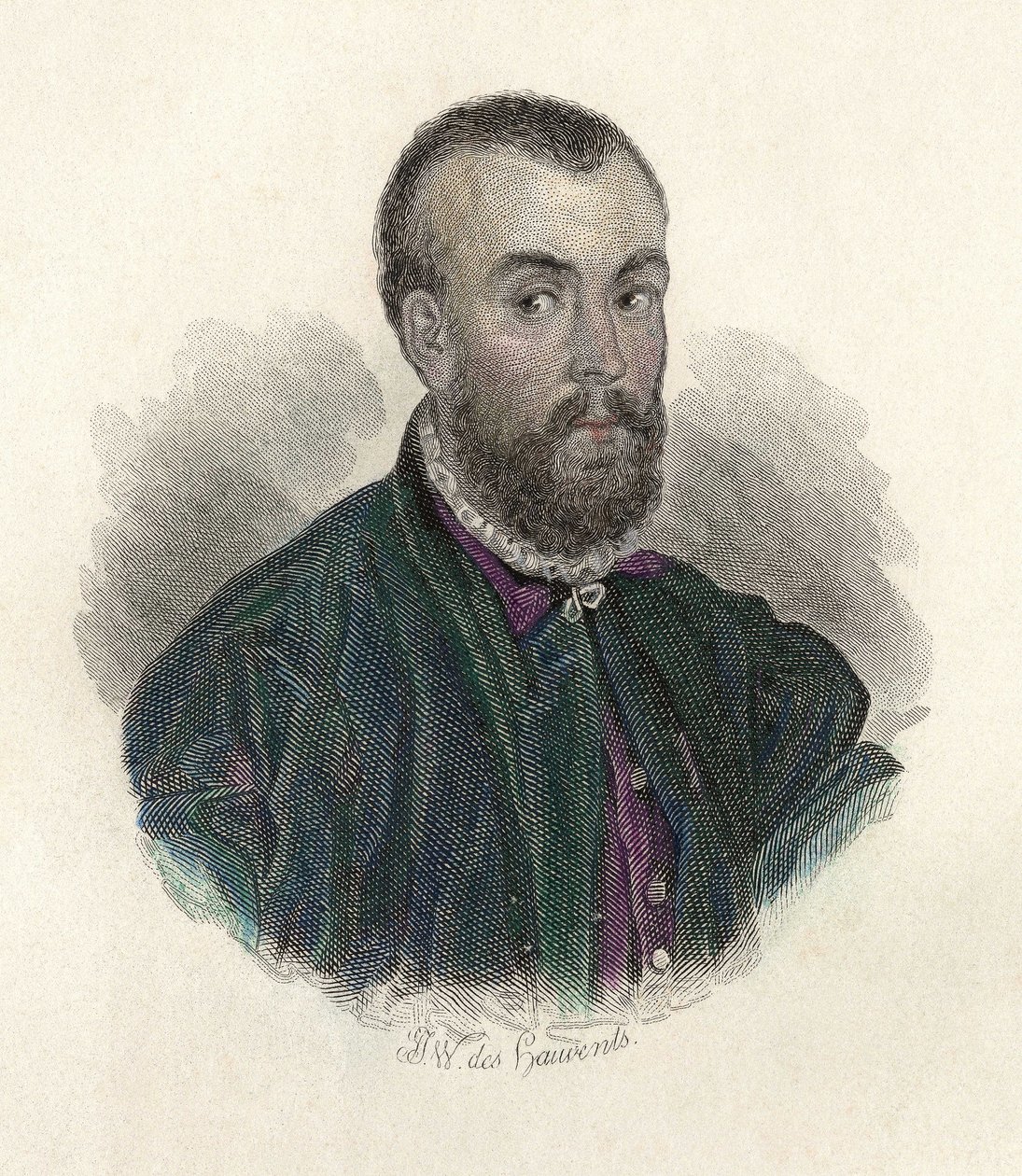 Muotokuva Andre Vesalesta (1514-1564), flaamilainen lääkäri, joka työskenteli Espanjassa ja Italiassa. kirjassa "Portraits des Hommes hyödyllinen" tekijältä French School