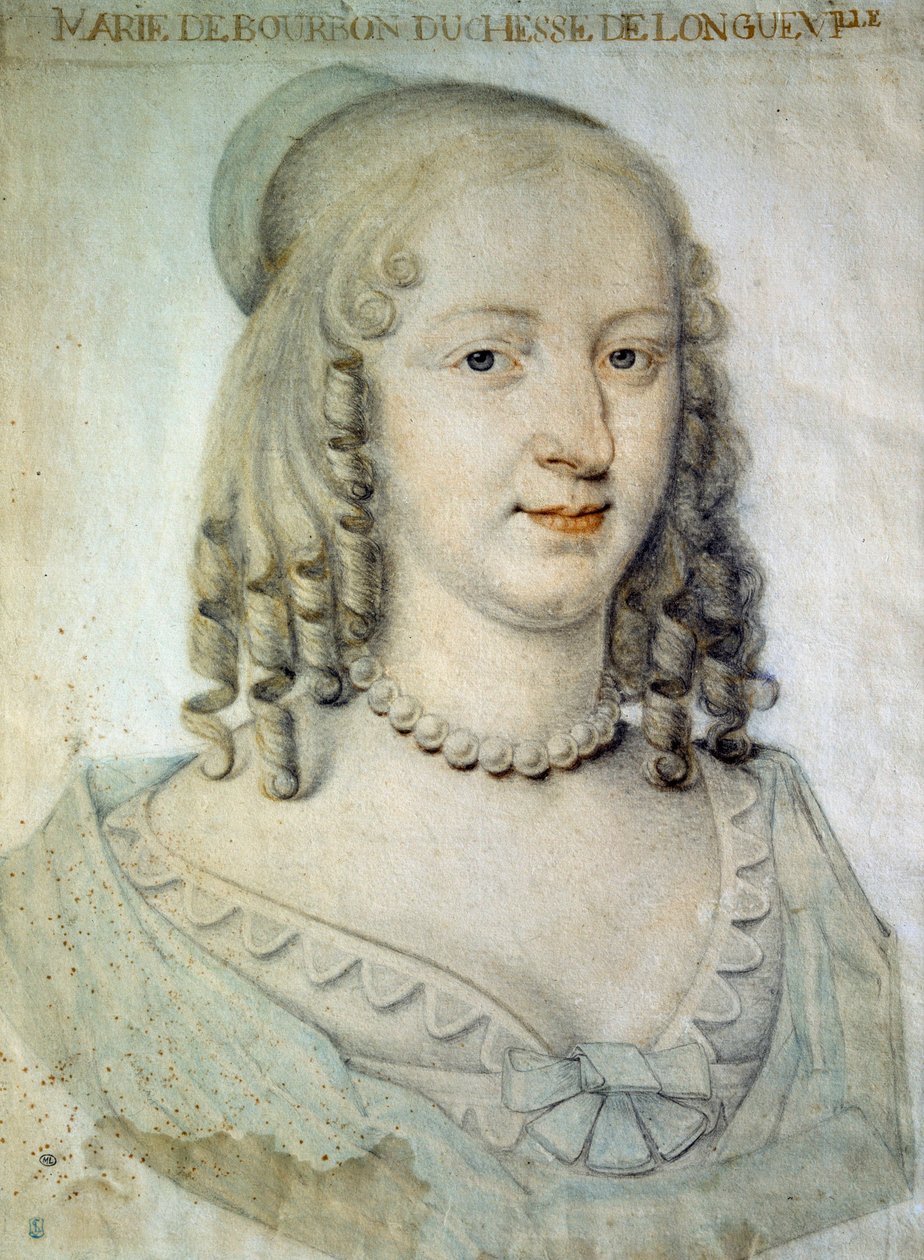 Anne Genevieve de Bourbon Conden (Anne-Genevieve de Bourbon-Conde), Longuevillen herttuattaren (1619-1679), Grand Conden Anonymous-piirustuksen sisaren muotokuva - 1600-luvun Chantilly, Conde-museo tekijältä French School