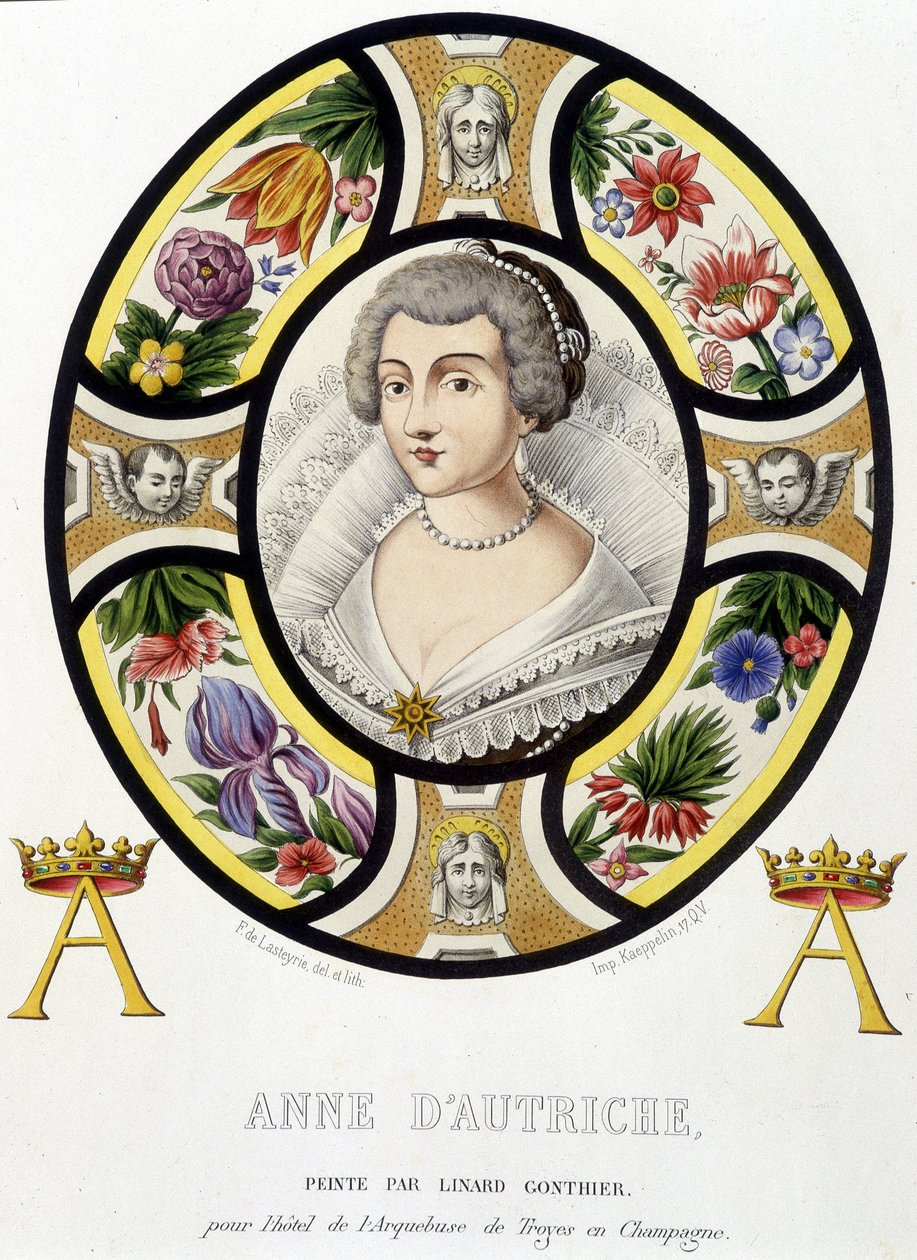 Muotokuva Anne Itävallasta, Ranskan kuningattaresta (1601-1666). Faksimile keskiajan lasimaalauksesta Ferdinand de Lasteyrien "Histoire de la peinture sur verre" tekijältä French School
