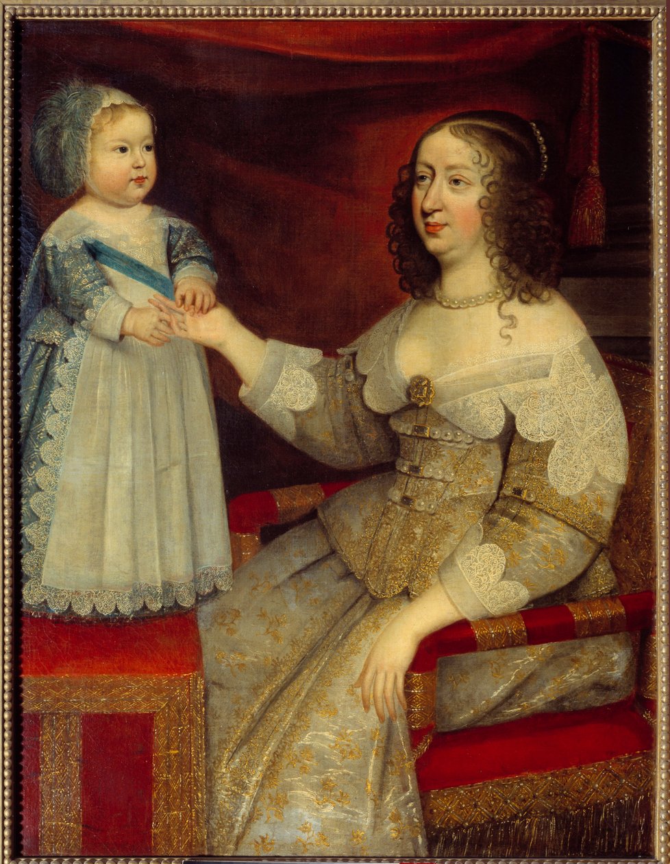 Muotokuva Anne Itävallasta, Ranskan kuningattaresta (1601-1666) ja delfiini Louis XIV -lapsesta (1638-1715) Maalaus ranskalaisesta koulusta. Ennen 1643. Aurinko 1,2x0,96 m tekijältä French School