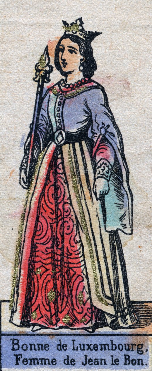Ranskalaisen Johannes II:n vaimon Bonne de Luxembourgin (1315-1349) muotokuva. (Kapetian dynastia). Kuvitus 1800-luvun lopulla. tekijältä French School
