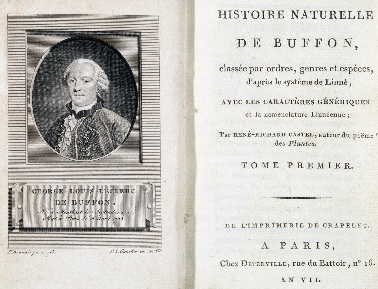 Buffonin muotokuva ja "Buffonin luonnonhistorian" nimiölehti, joka on luokiteltu Linnén järjestelmän mukaan järjestyksiin, sukuihin ja lajeihin. tekijältä French School