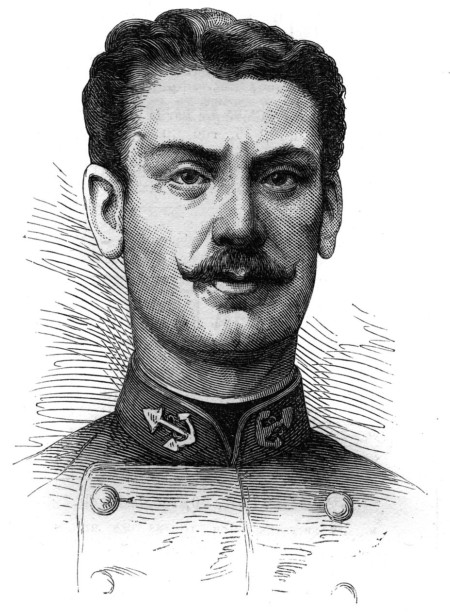 Muotokuva kapteeni Joseph Gallienista (1849-1916), ranskalainen sotilas ja tutkimusmatkailija. Kaiverrus "" Le Monde Illustré" -julkaisussa nro 254, 9. huhtikuuta 1881. tekijältä French School