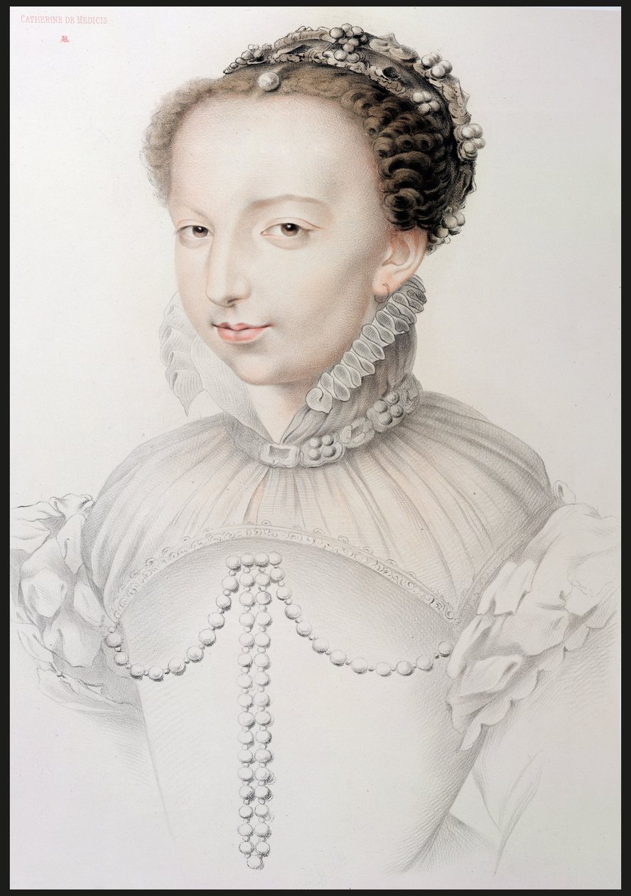 Catherine de Medicin (1519-89) muotokuva, faksimile 1500-luvun piirroksesta, joka esiintyy P.G. Niel, Pariisi, 1848 (grafiitti o tekijältä French School