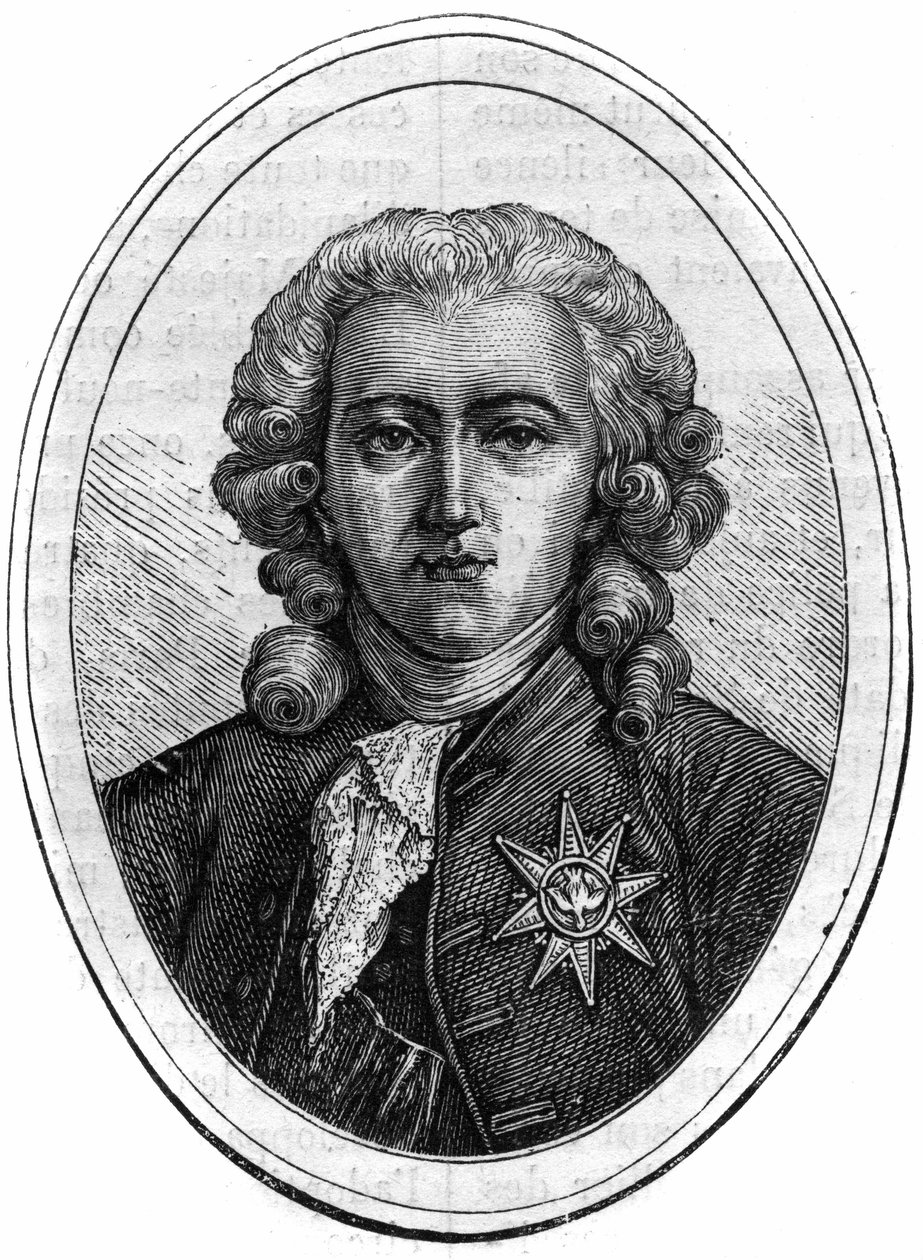 Charles Alexandre de Calonnen muotokuva, Ludvig XVI:n (1734-1802) aikainen ranskalainen poliitikko, varainhoidon valvoja. Kaiverrus Maurice Lachatren teokseen "Paavien-kuninkaiden-kuningattaren ja keisarien historia vuosisatojen ajan" tekijältä French School