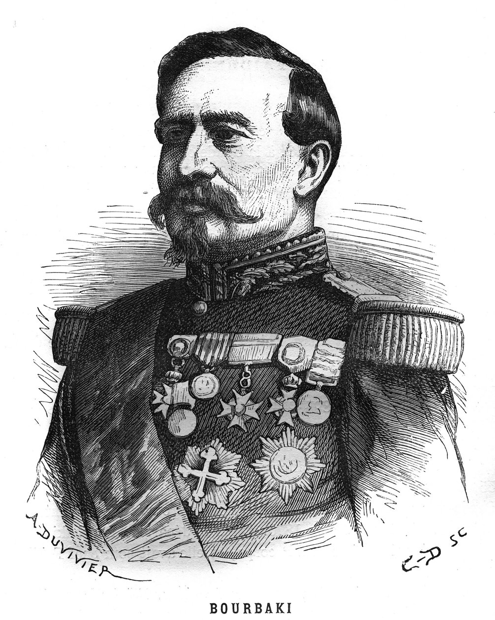 Ranskalaisen upseerin Charles Denis Bourbakin (1816-1897) muotokuva. Kaiverrus "Les Illustrations De L