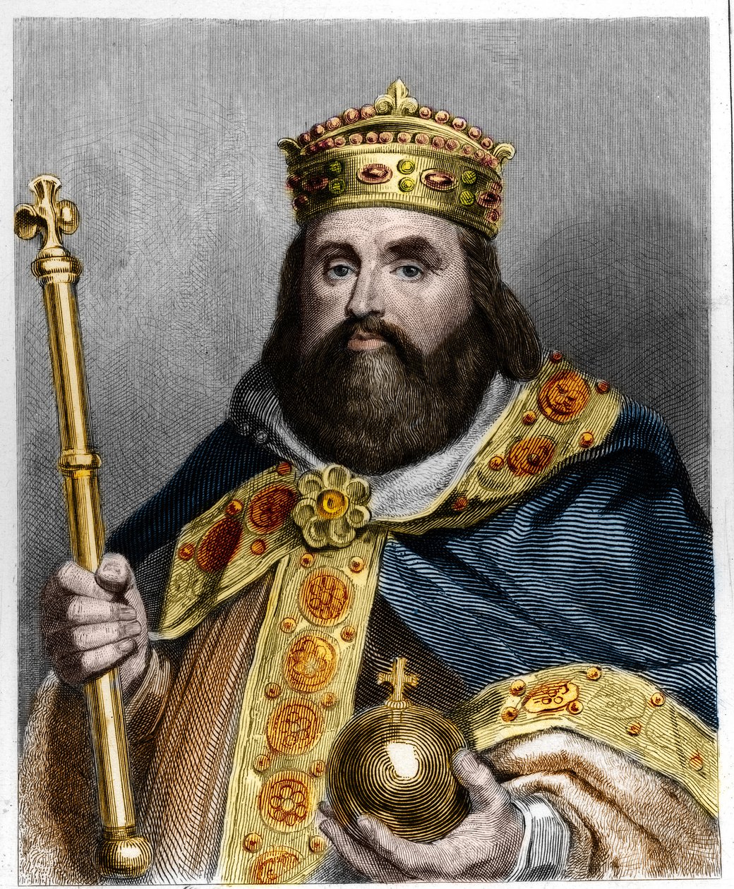 Muotokuva Kaarle III 3:sta, Grosista (839-888), lännen keisarista (881 - 887) ja Ranskan hallitsijasta (884 - 887) - Lavalleen teoksessa "Histoire des Francais", kaiverrus, sd. tekijältä French School