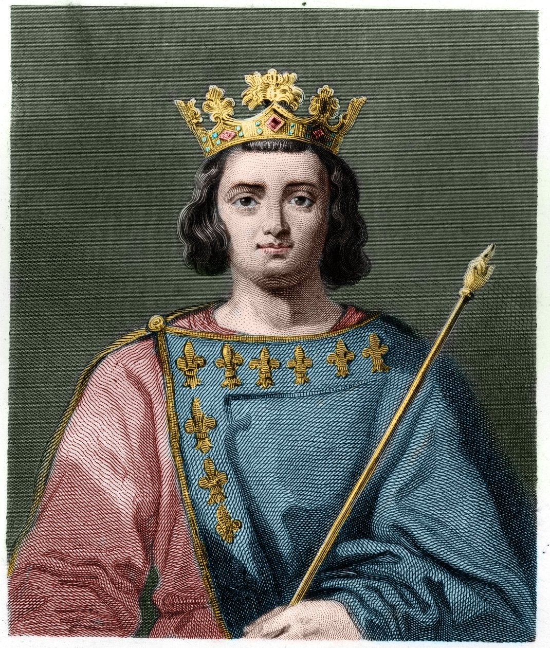 Muotokuva Kaarle IV Belistä (1294 - 1328), Ranskan kuningas - Lavalleen "" Histoire des Francais" -kirjassa, kaiverrus, sd. tekijältä French School