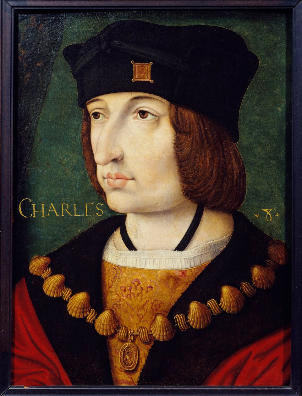 Ludvig XI:n pojan Kaarle VIII:n (1470-1498) muotokuva Jean Perrealin maalaus 1500-luvun ranskalaisesta koulusta. Himmeä. 0,36x0,27 m. Musee Conde, Chantilly tekijältä French School