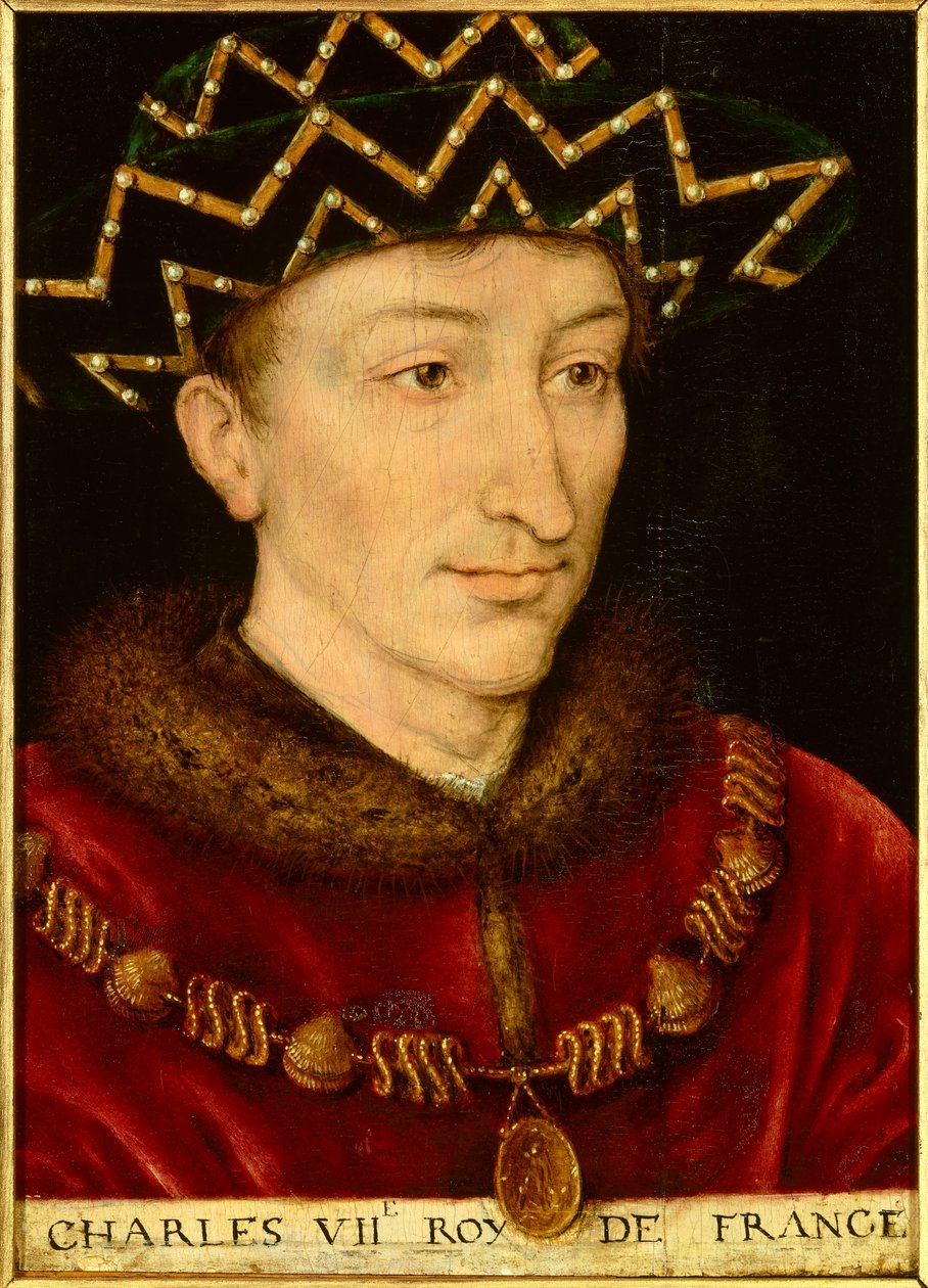 Ranskan kuninkaan Kaarle VII:n (1403-1461) muotokuva. Ranskalaisen koulun maalaus tekijältä French School