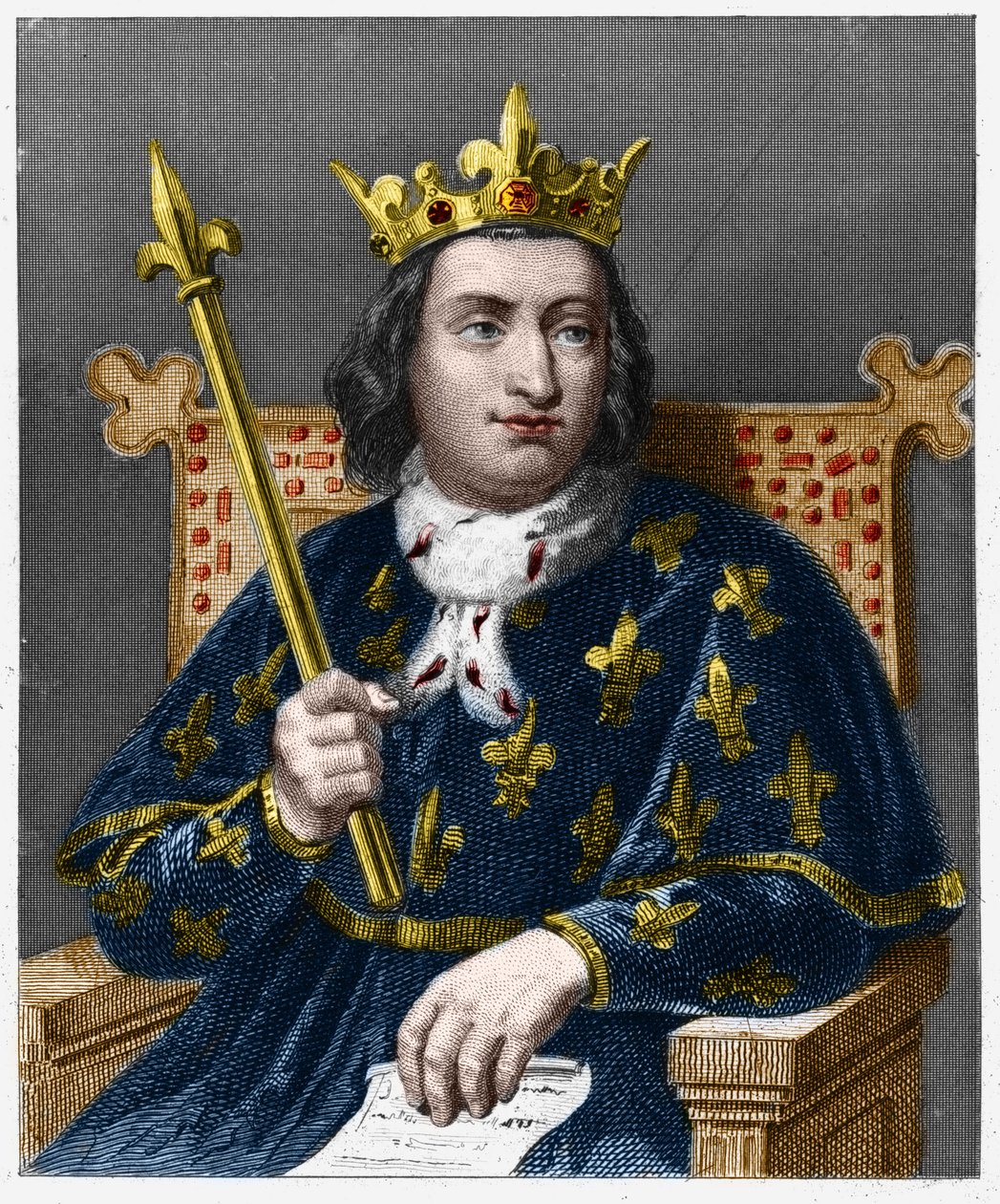 Kaarle V Viisas (1338 - 1380), Ranskan kuninkaan muotokuva - Lavalleen "" Histoire des Francais" -kirjassa, kaiverrus, sd. tekijältä French School
