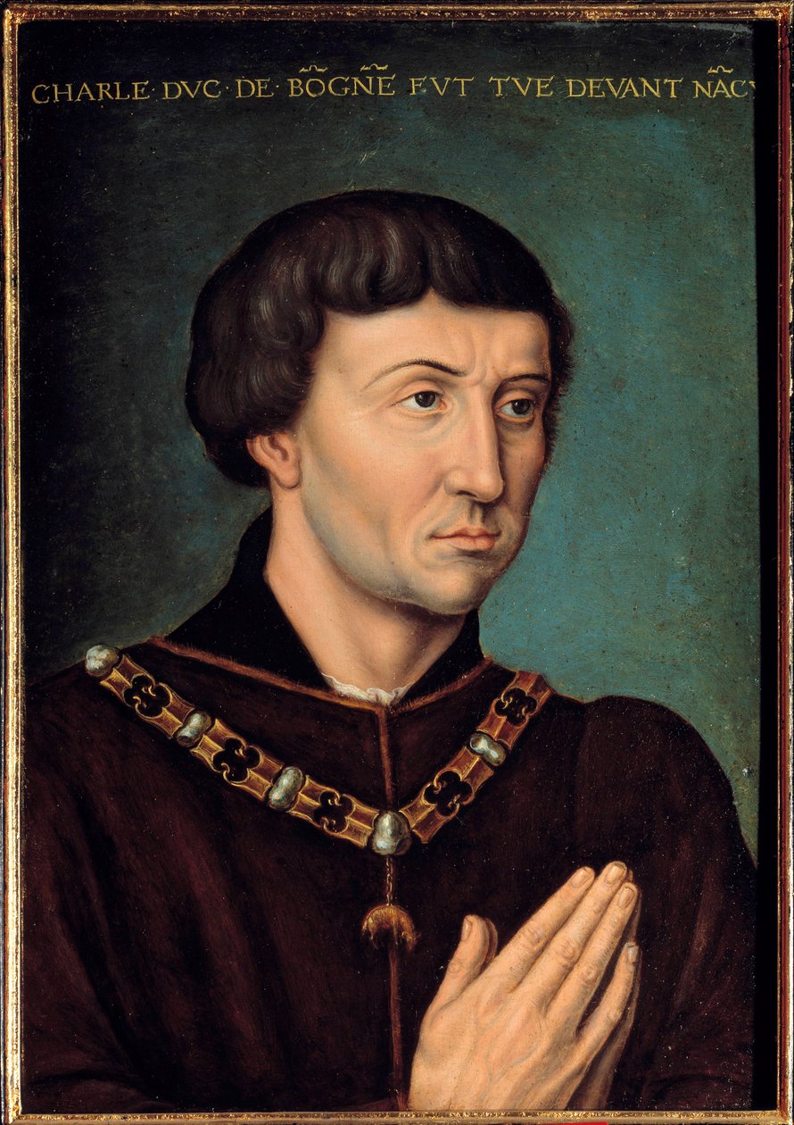 Kaarle Temerairen (1433-1477) muotokuva Burgundin herttuasta vuonna 1467 Ranskalaisen koulukunnan maalaus. 1475 Su. 0,42x0,3 m. tekijältä French School