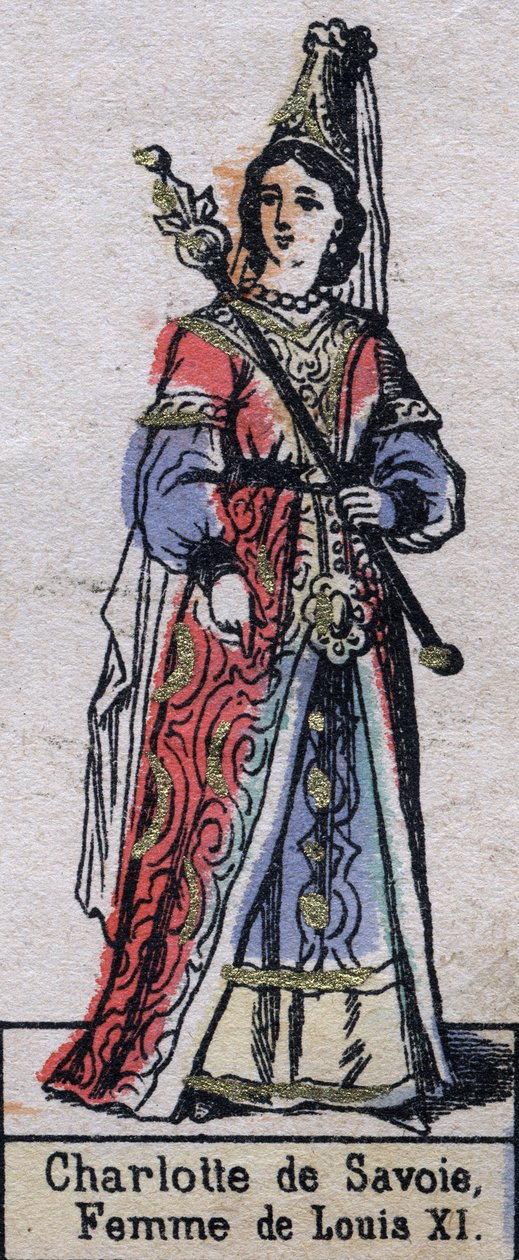 Charlotte de Savoien (1440-1483), ranskalaisen Louis XI:n vaimon muotokuva. (Kapetian dynastia). Kuvitus 1800-luvun lopulla. tekijältä French School