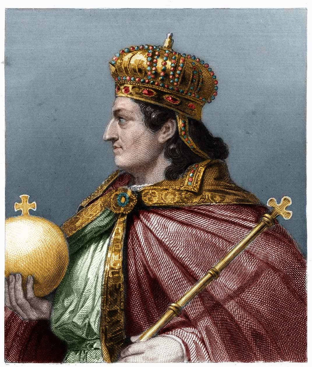 Austraasian kuninkaan Childebert II (v. 570 - 596) muotokuva - Lavalleen "Ranskan historiassa", kaiverrus, sd. tekijältä French School