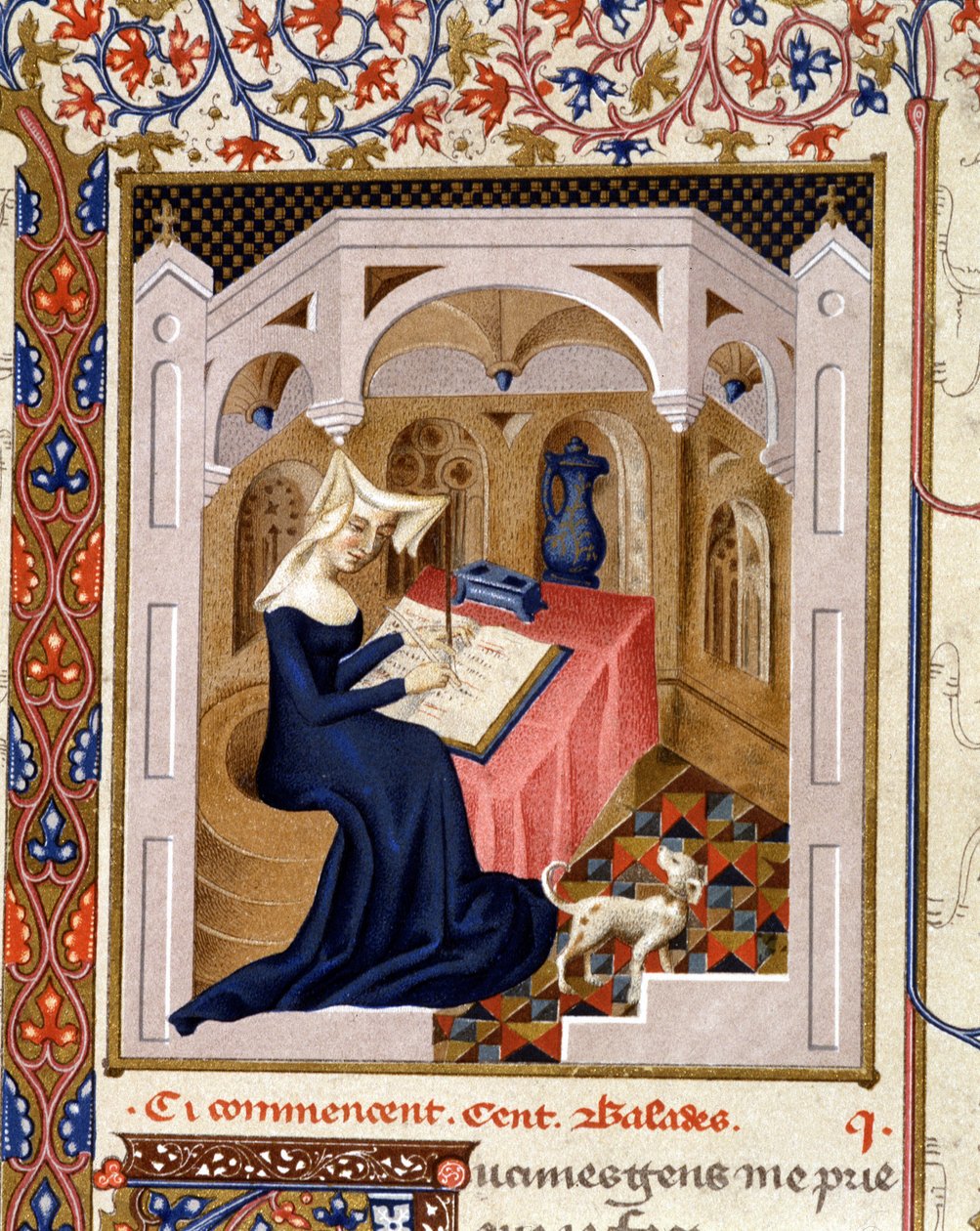 Muotokuva Christine de Pisan (tai Pisan) kirjoittamisesta - Miniatyyri tekijältä French School