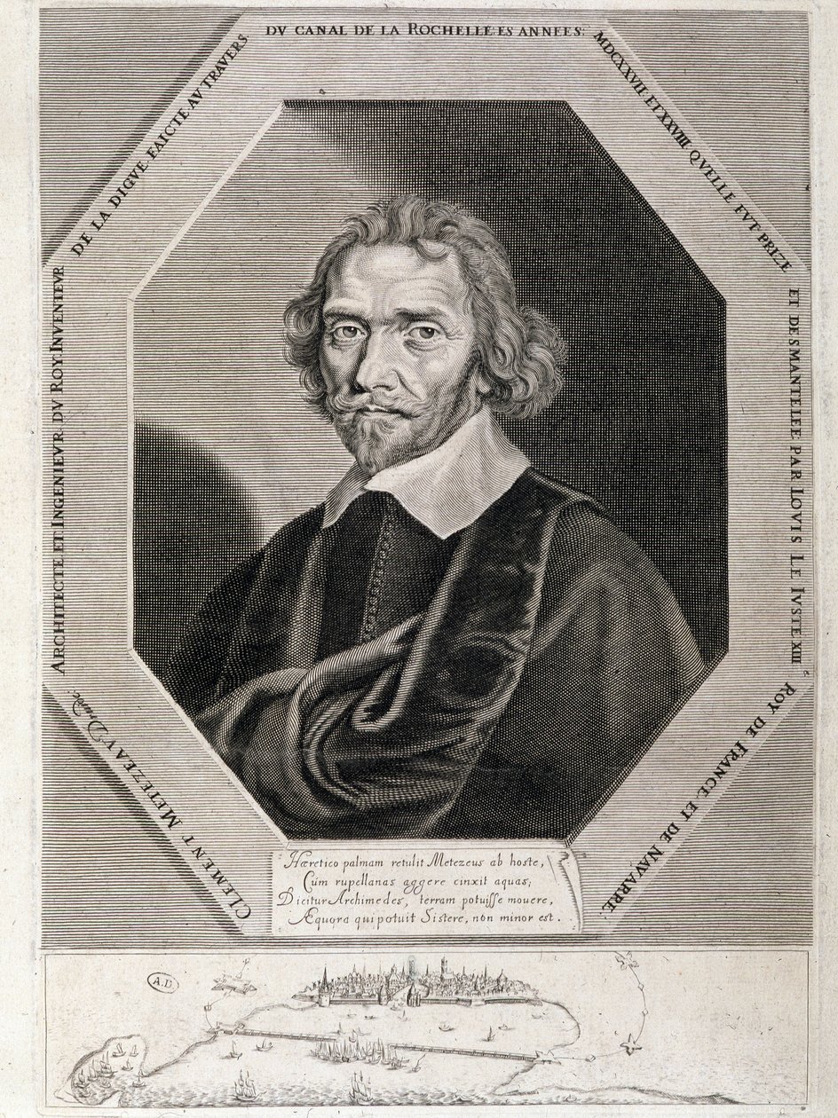 Clement Metezeaun muotokuva, kuninkaan arkkitehti ja insinööri, Canal de la Rochellen läpi kulkevan padon keksijä, vuodet 1627-28 tekijältä French School