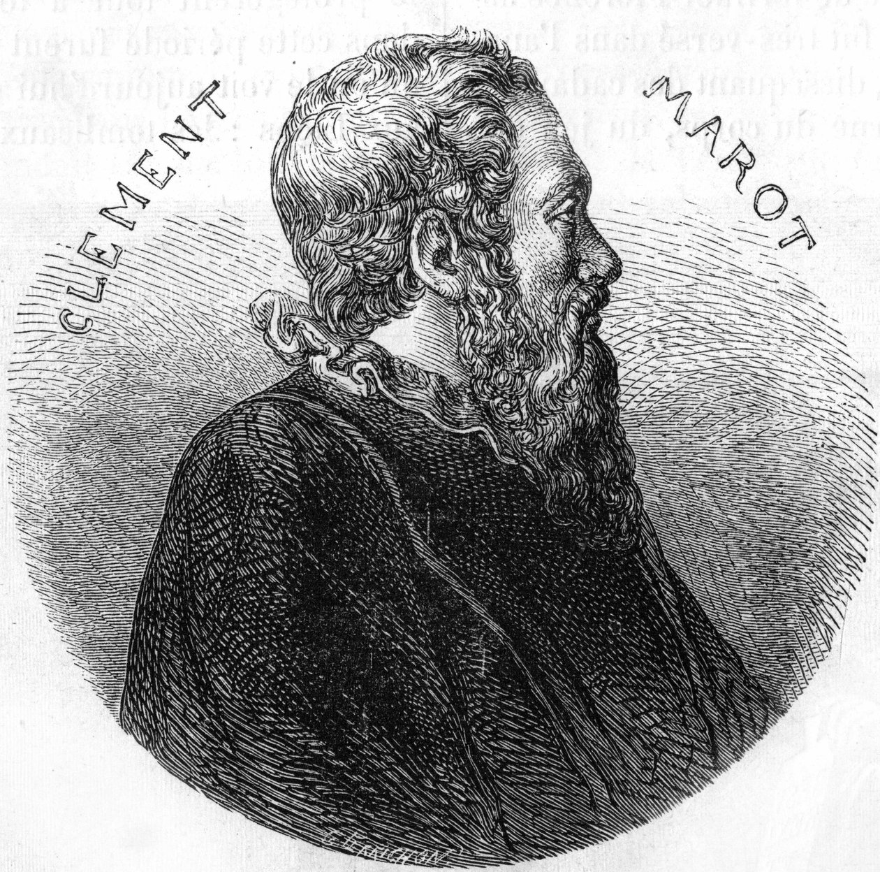 Clement des Marets dit Marotin (1496-1544), runoilijan muotokuva. Teoksessa ""Popular History of France"", nd. noin 1885. Kaiverrus. tekijältä French School