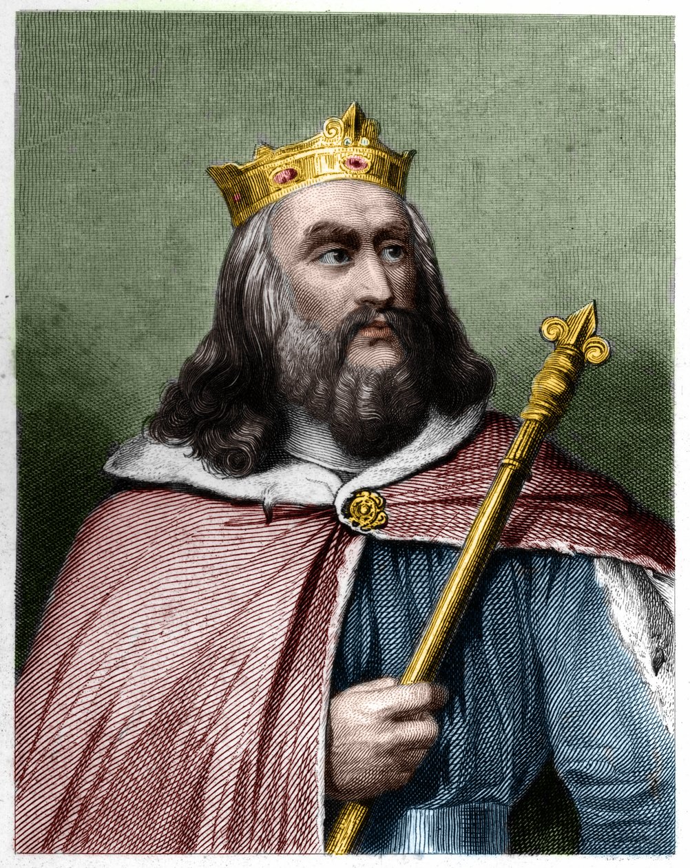 Clotaire (Clothaire) II (584 - 628), Neutrian kuninkaan ja frangien kuninkaan muotokuva - Lavalleen "" Histoire des Francais" -kirjassa, kaiverrus, sd. tekijältä French School
