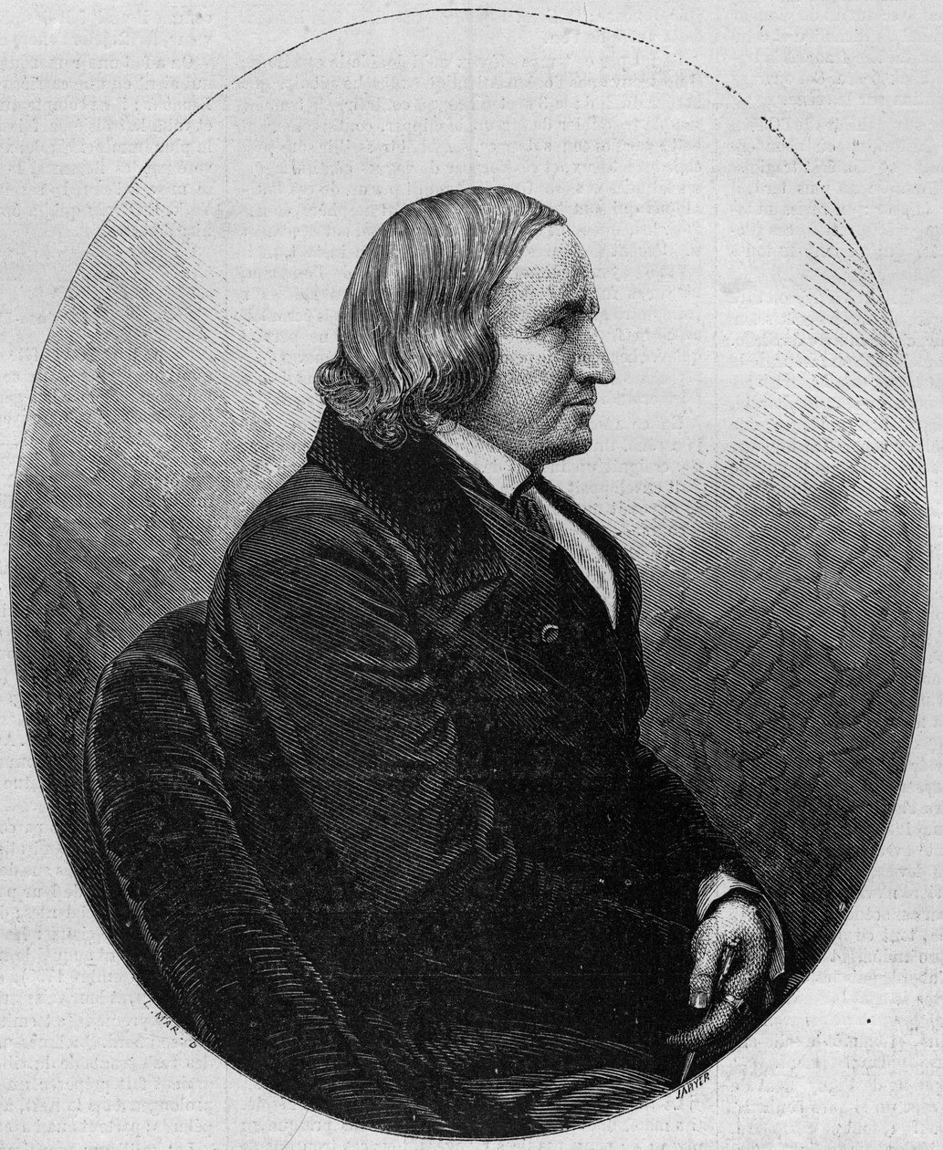 Muotokuva kreivi Alfred de Vignystä (1797-1863), ranskalaisesta kirjailijasta ja runoilijasta. Kaiverrus "" Le Monde Illustré" -julkaisussa nro 36, 19. joulukuuta 1857. tekijältä French School