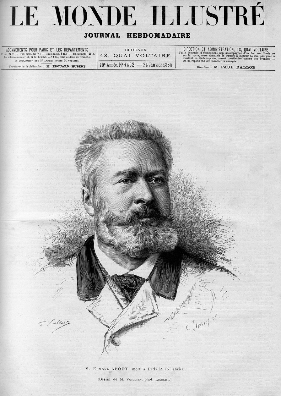 Edmond About (1828-1885), ranskalaisen kirjailijan ja toimittajan, ranskalaisen akatemian jäsenen muotokuva teoksessa The Illustrous World 1885. tekijältä French School
