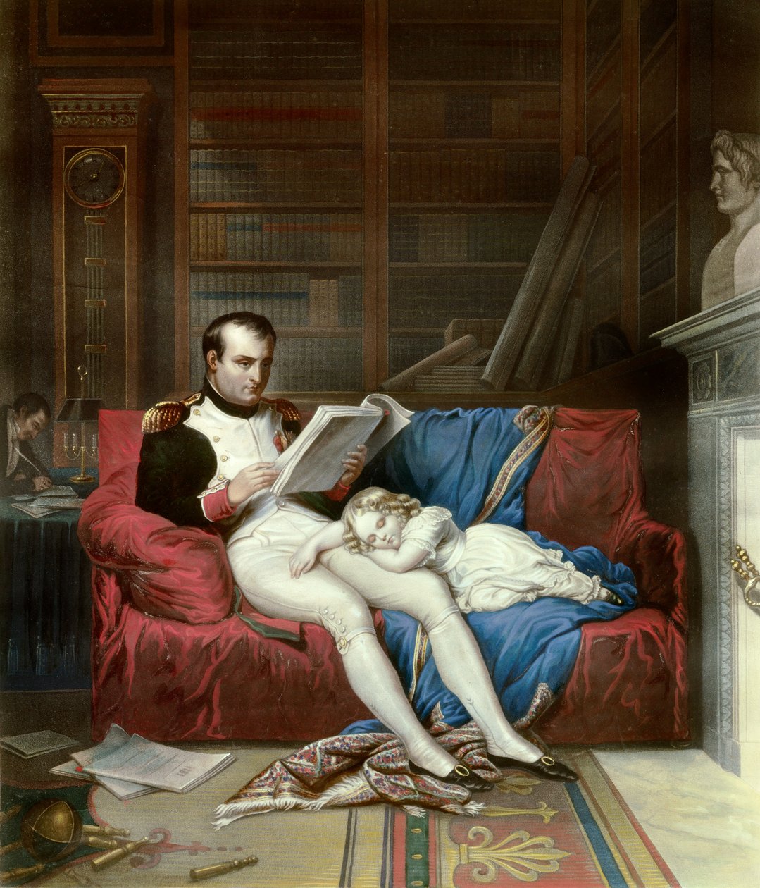 Muotokuva keisari Napoleon I:stä (1769-1821) ja hänen poikastaan Rooman kuningas Napoleon II, Reichstadtin herttua (1811-1832) nukkui hänen sylissään. Kaiverrus 1800-luvun Malmaisonista, musee du chateau tekijältä French School