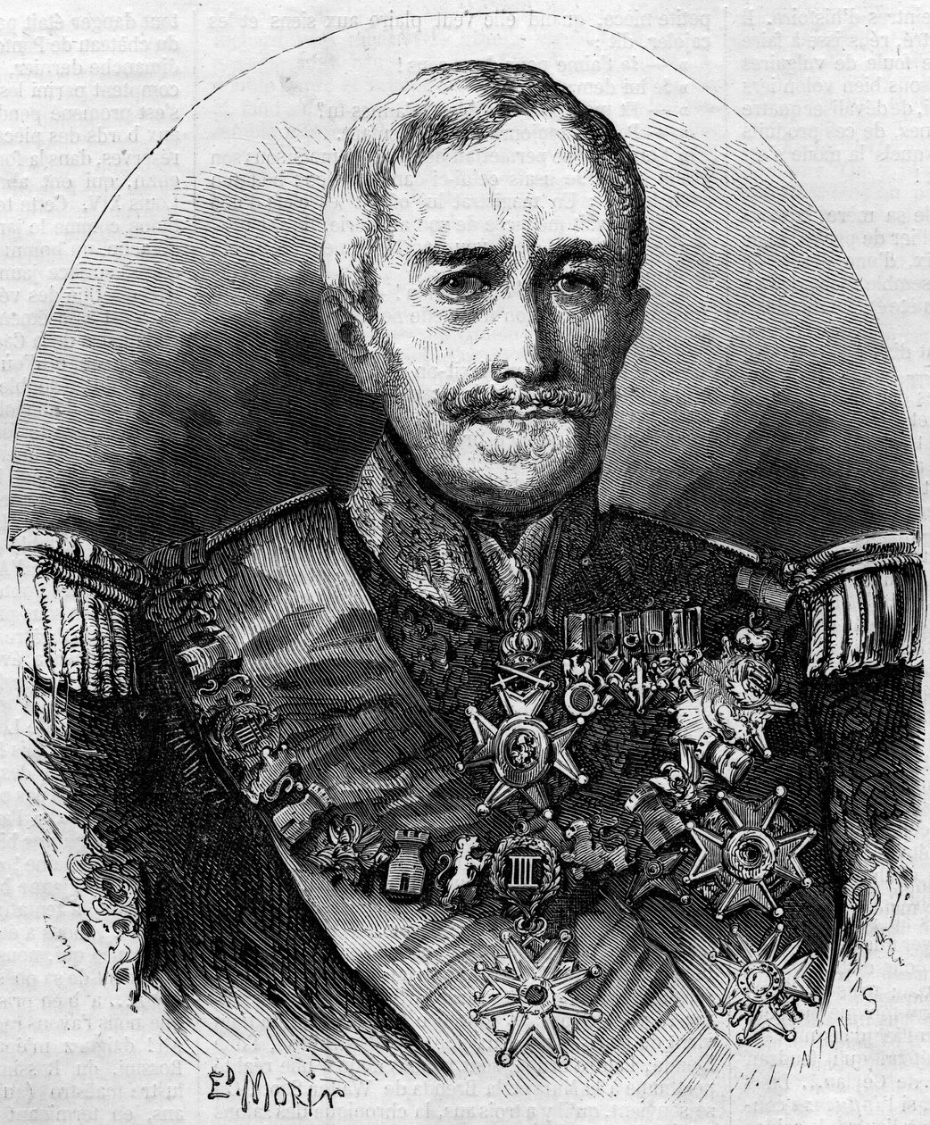 Hengen muotokuva Victor Elisabeth Boniface de Castellane (1788-1862), ranskalainen marsalkka. Kaiverrus "" Le Monde Illustré" -julkaisussa nro 56, 1. toukokuuta 1858. tekijältä French School