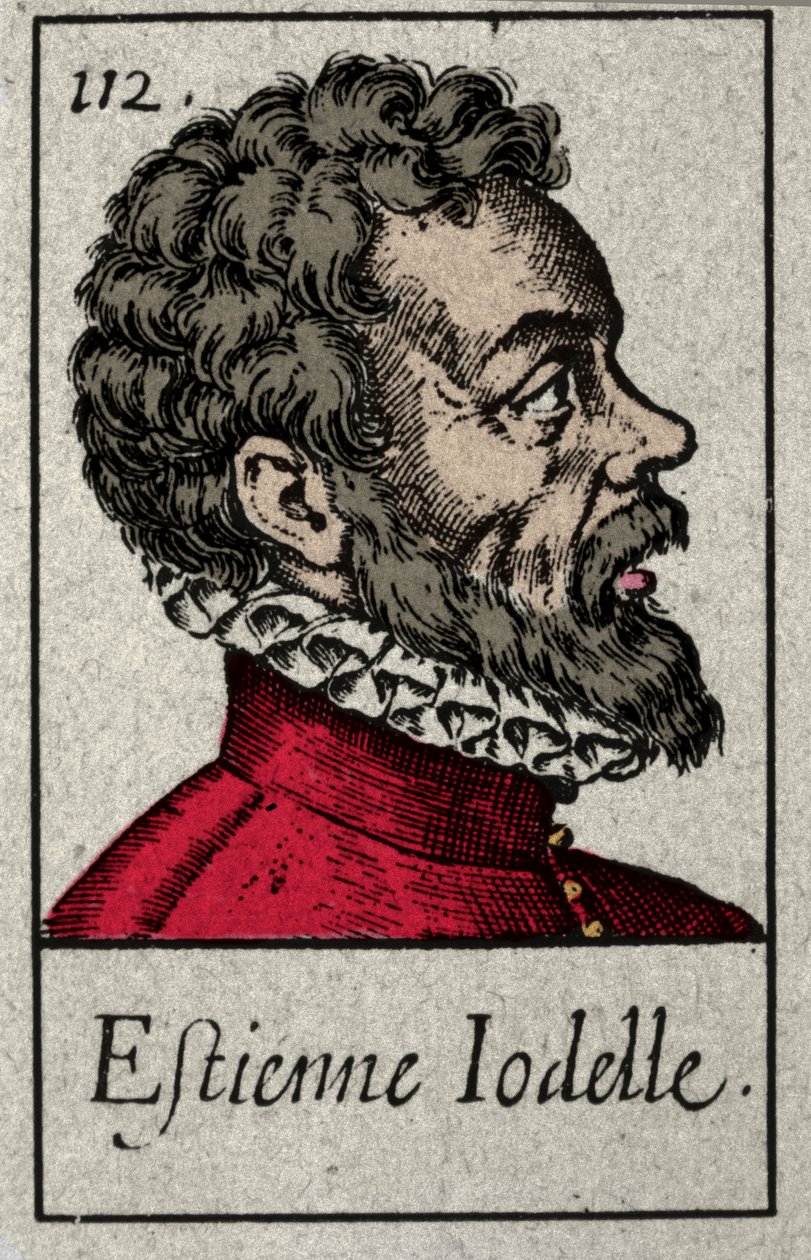 Muotokuva Etienne Jodellen (1532-1573), ranskalaisen runoilijan Pleiade-liikkeen jäsenestä. Kaiverrus 1800-luvulta. tekijältä French School