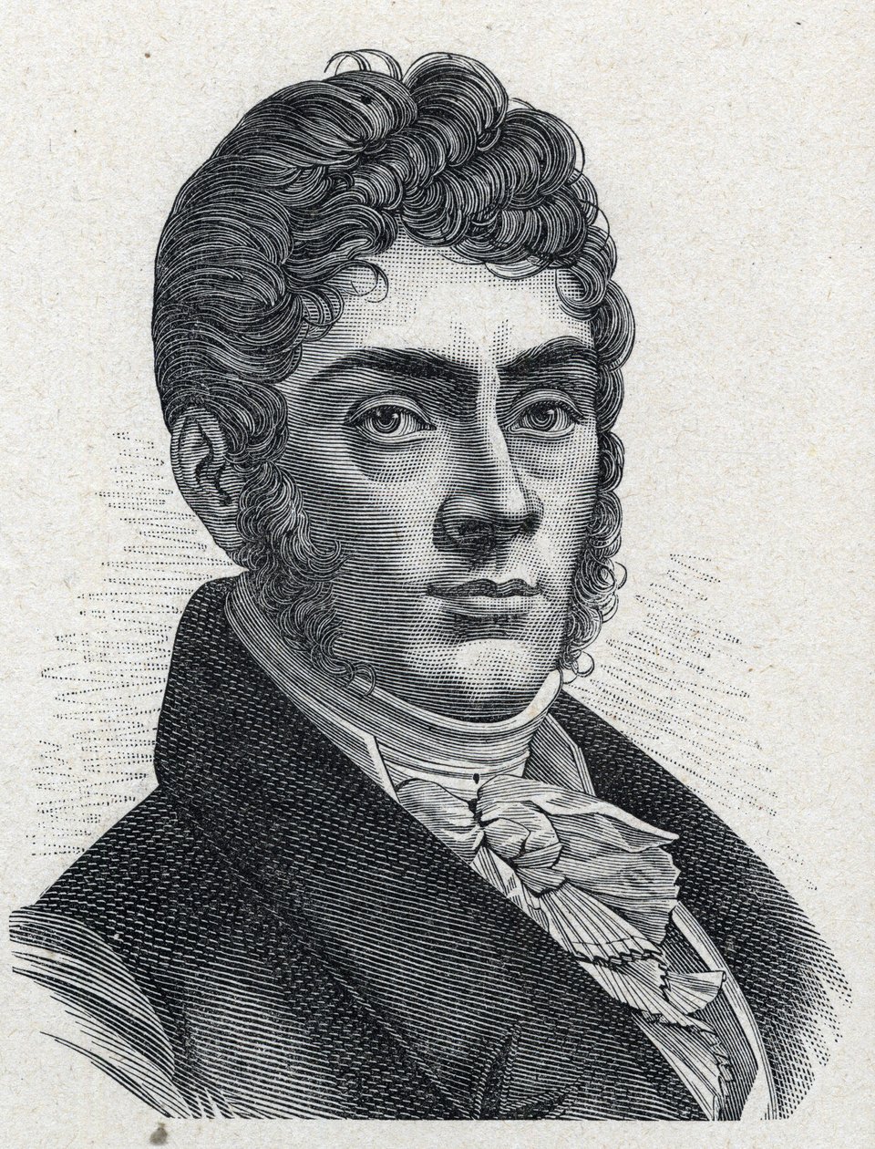 Ranskalaisen säveltäjän Etienne Nicolas Mehulin (1763-1817) muotokuva. Kaiverrus vuodelta 1889. Yksityinen kokoelma. tekijältä French School