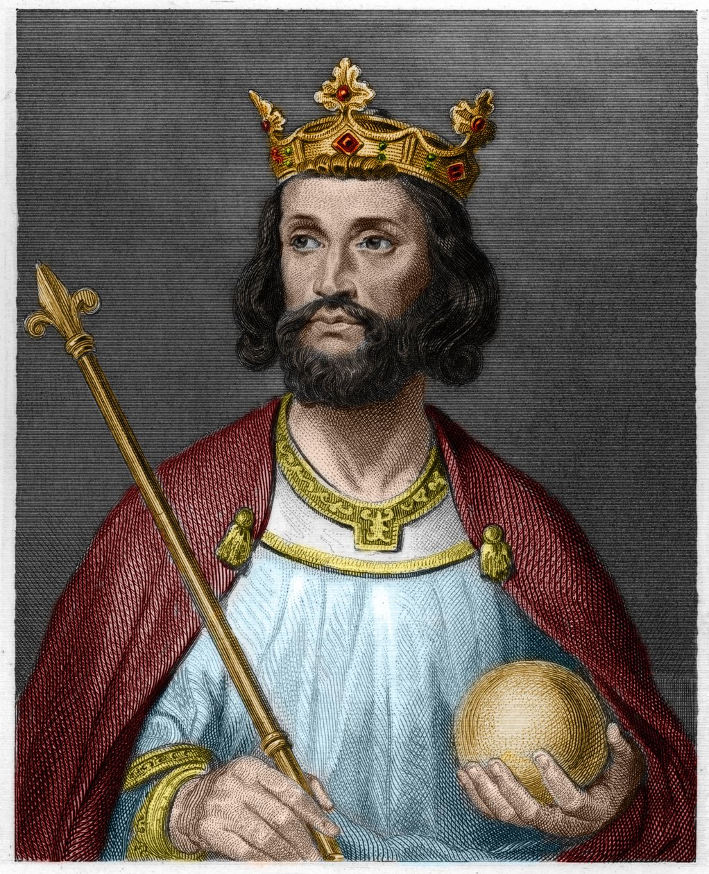 Muotokuva Eudeksesta (Odon) (v. 860 - 898), Pariisin ja Troyesin kreivi, sitten Ranskan kuningas - Lavalleen "" Histoire des Francais" -kirjassa, kaiverrus, sd. tekijältä French School