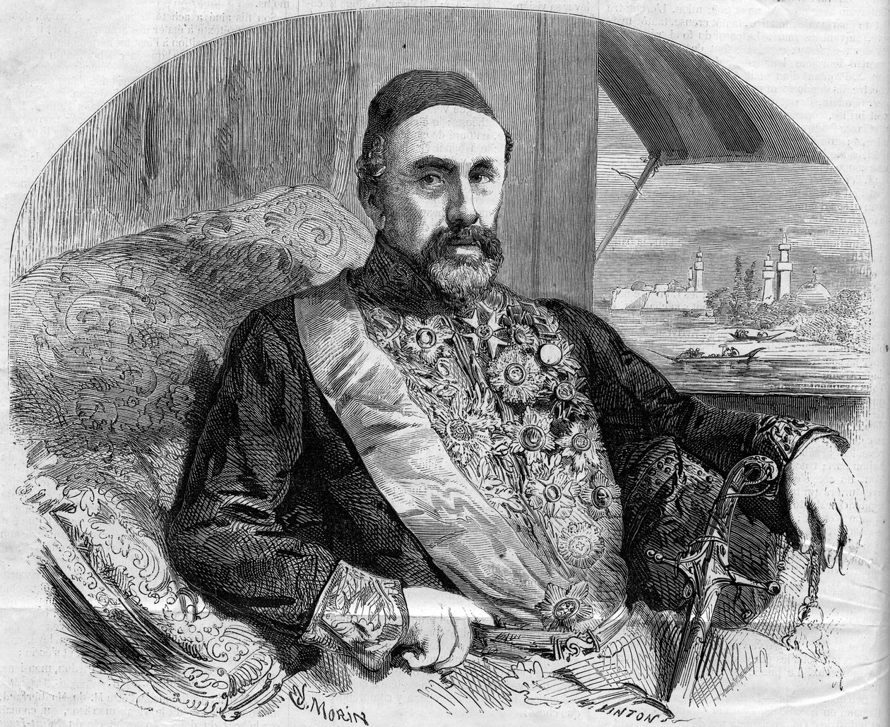 Fouad (Fuad) Pashan (1815-1869), turkkilaisen poliitikon ja suurlähettilään muotokuva. Morinin kaiverrus teoksessa "The Illustrous World" nro 65, 10. heinäkuuta tekijältä French School