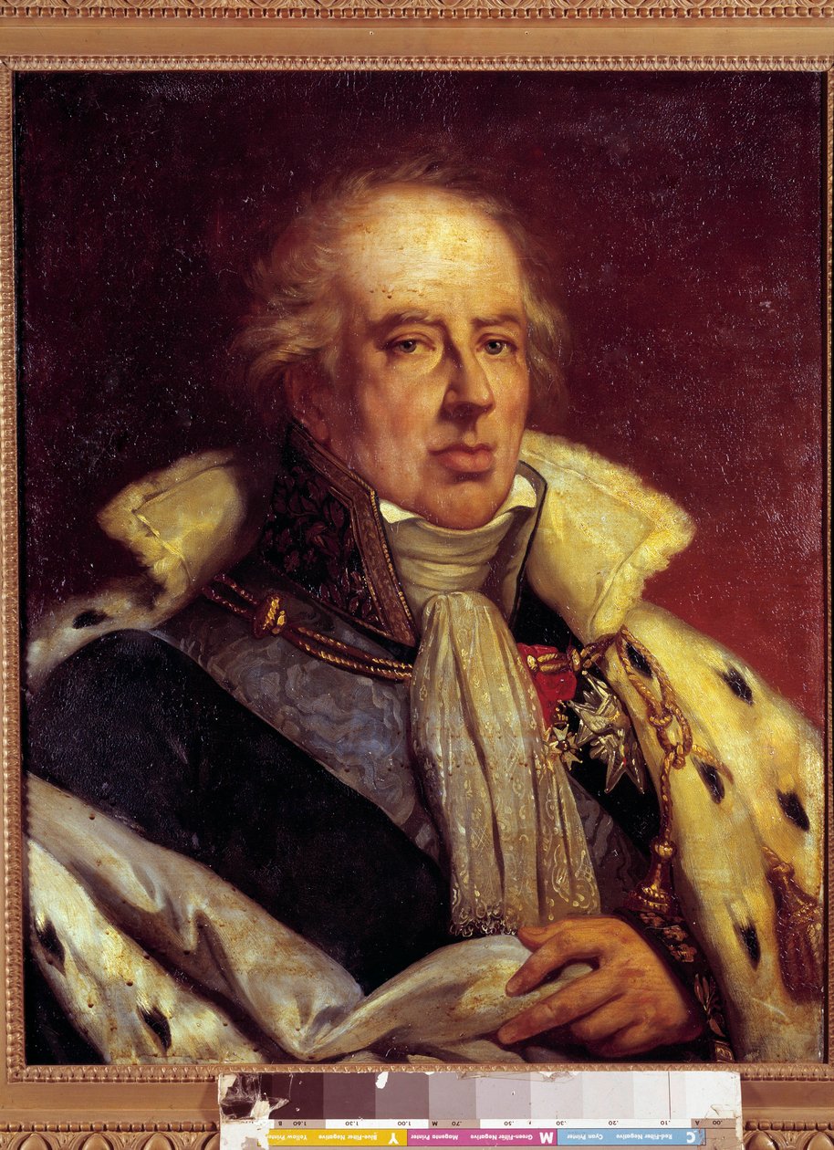 Muotokuva Francois - Alexandre - Fredericistä, Duc de la Rochefoucauld Liancourt, taloustieteilijä (1747 - 1837), edustettuna Pair de Francen asussa restauroinnin aikana (h s/t 0,72 x 0,57). Versailles. Muse du Chateau. tekijältä French School