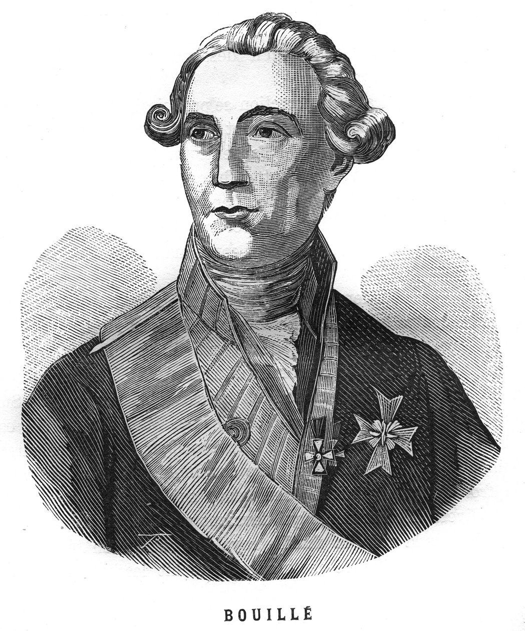 Muotokuva Francois Claude Amourista, markiisi de Bouillesta (1739-1800), ranskalaisesta kenraalista. Kaiverrus "Les Illustrations De L