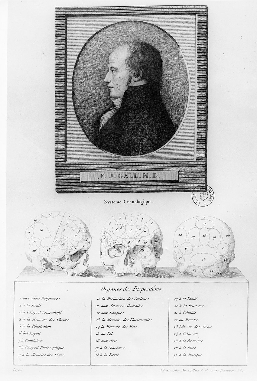 Franz Josef Gallin (1578-1829) muotokuva ja kuva kraniologisesta järjestelmästä tekijältä French School