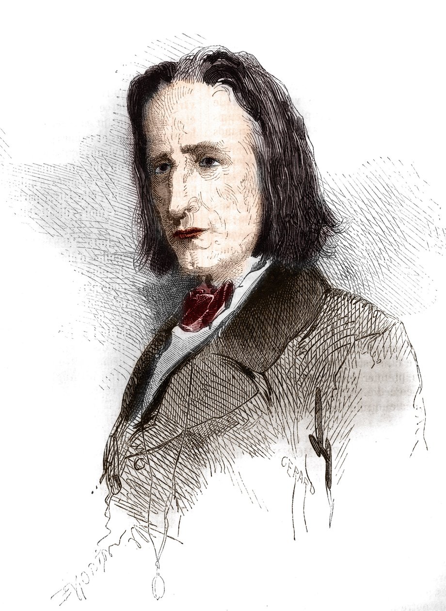 Franz Liszt (Listz) (1811-1886), unkarilaisen säveltäjän ja pianistin muotokuva. Kaiverrus vuosilta 1865-1866. tekijältä French School