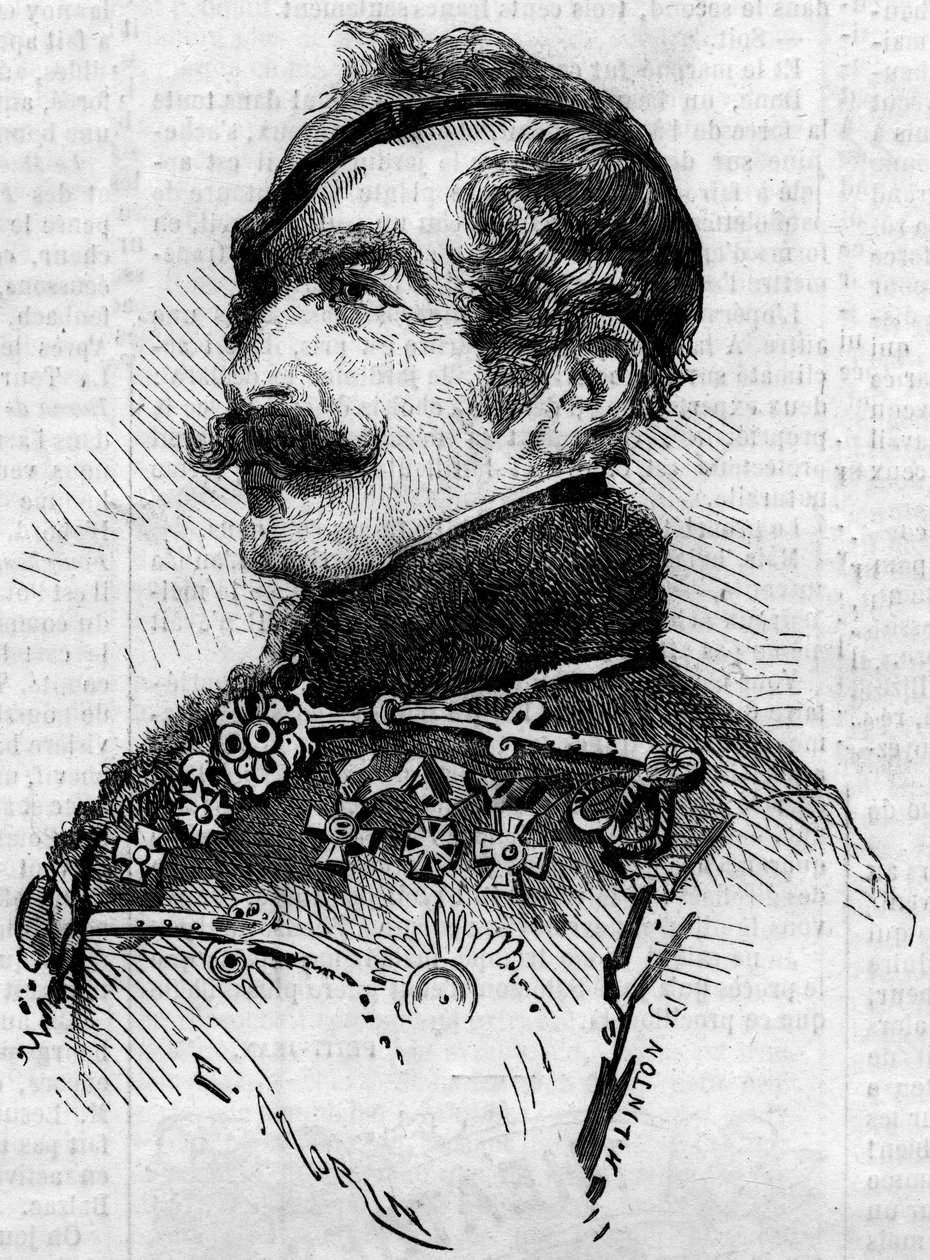 Muotokuva Franz von Schlickistä (1789-1862), kenttämarekaalista, Itävallan armeijan komentajan kenraalista Italiassa Risorgimenton aikana vuonna 1859. Kaiverrus "" Le Monde Illustré" -julkaisussa nro 115, 25. kesäkuuta tekijältä French School
