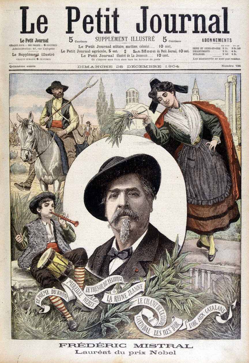 Frédéric Mistralin muotokuva provencelaisten hahmojen (huoltaja, tuli ja Mireille) ympäröimänä - "Le Petit Journal" -lehdessä 28.12.1904 (kaiverrus) tekijältä French School