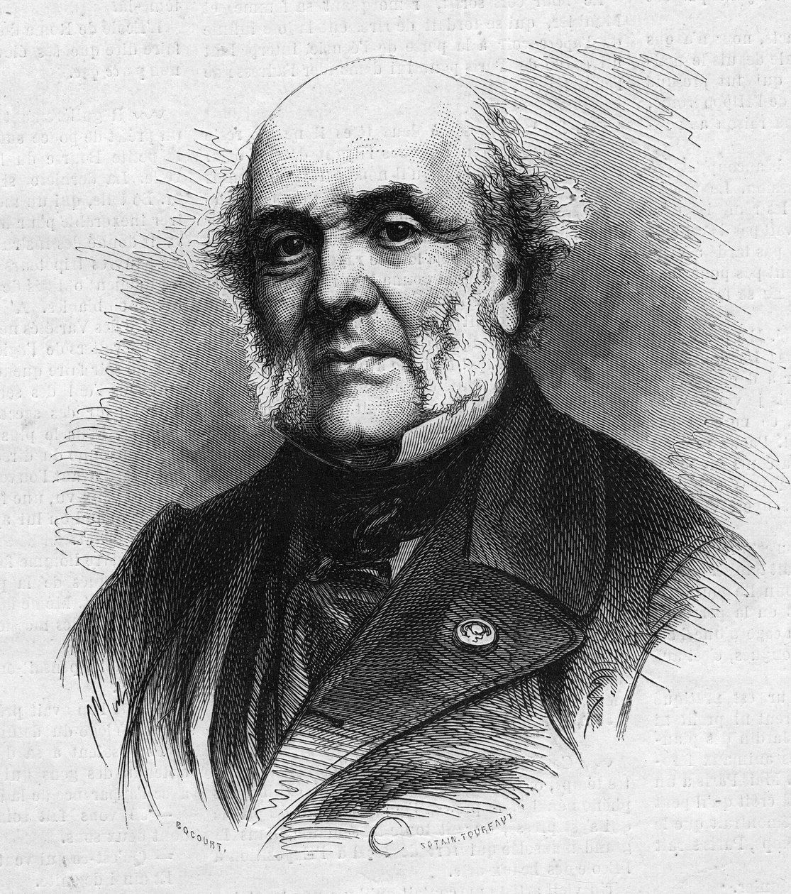 Muotokuva Frederic Auguste Demetzistä (1796-1873), ranskalaisesta lakimiehestä, Mettrayn maataloussiirtokunnan ja rangaistuslaitoksen perustamisesta, jonka tarkoituksena on kuntouttaa nuoria rikollisia. Kaiverrus "" Le Monde Illustré" -julkaisussa nro 866, tekijältä French School