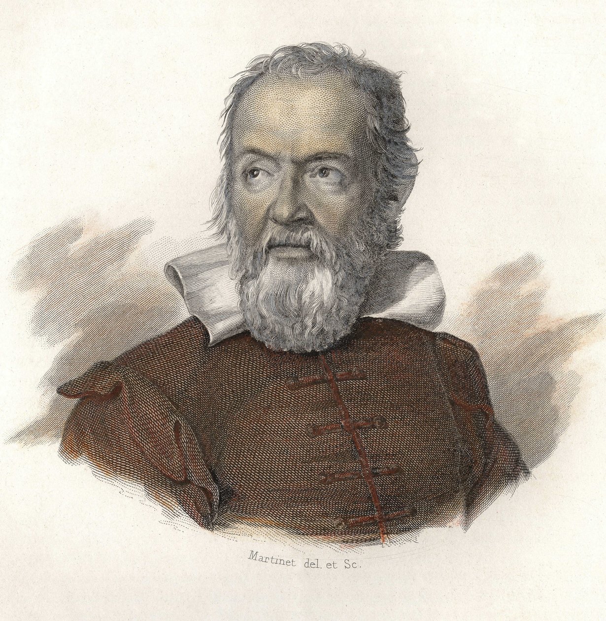 Galileo Galilei dit Galilein (1564-1642), fyysikon, matemaatikon ja italialaisen tähtitieteilijän muotokuva. teoksessa "Hyödyllisten ihmisten muotokuvat". tekijältä French School