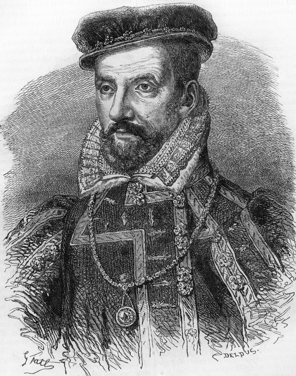 Admiral de Colignyna (1519-1572) tunnetun Gaspard de Colignyn muotokuva. Teoksessa ""Popular History of France"", nd. noin 1885. Kaiverrus. tekijältä French School