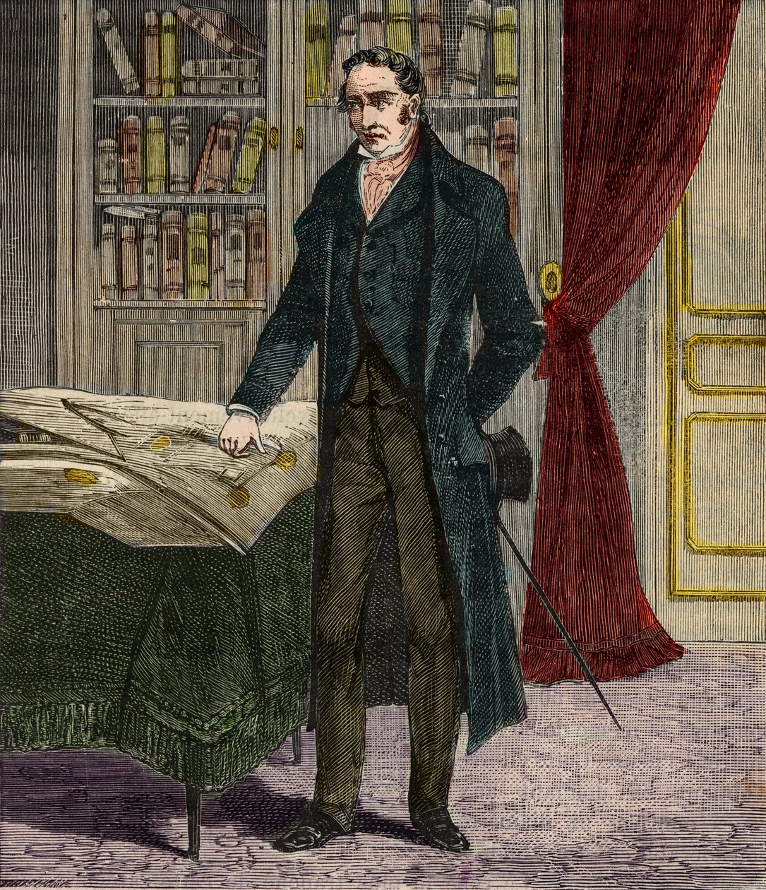 Muotokuva George Stephensonista (1781-1848), brittiläisestä insinööristä ja rautatievetureiden pioneerista - Kaiverrus "" Tieteisiin kaikkien ulottuvilla - Alexis Clercin suosittu fysiikka ja kemia - 1800-luvun loppu - Yksityinen kokoelma tekijältä French School