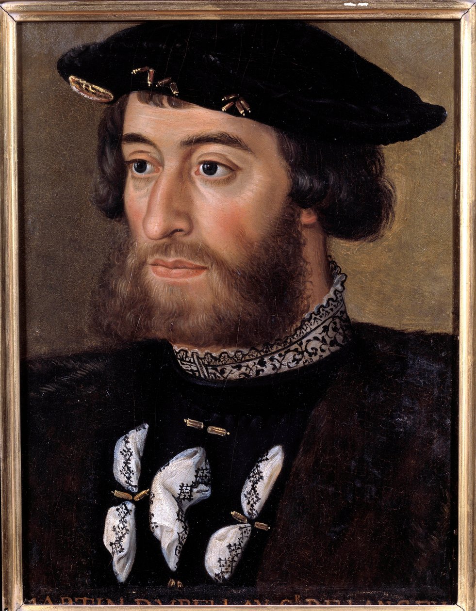 Guillaume de Bellayn muotokuva, Langeyn herra (1491-1543) Hän oli Torinon ja Piemonten kuvernööri. Nimetön 1500-luvun maalaus. Himmeä. 0,32x0,23 m. Versailles, Chateaux de Versailles et de Trianon - Guillaume de Bellayn, Langeyn herran (1491-1515) muotokuv tekijältä French School