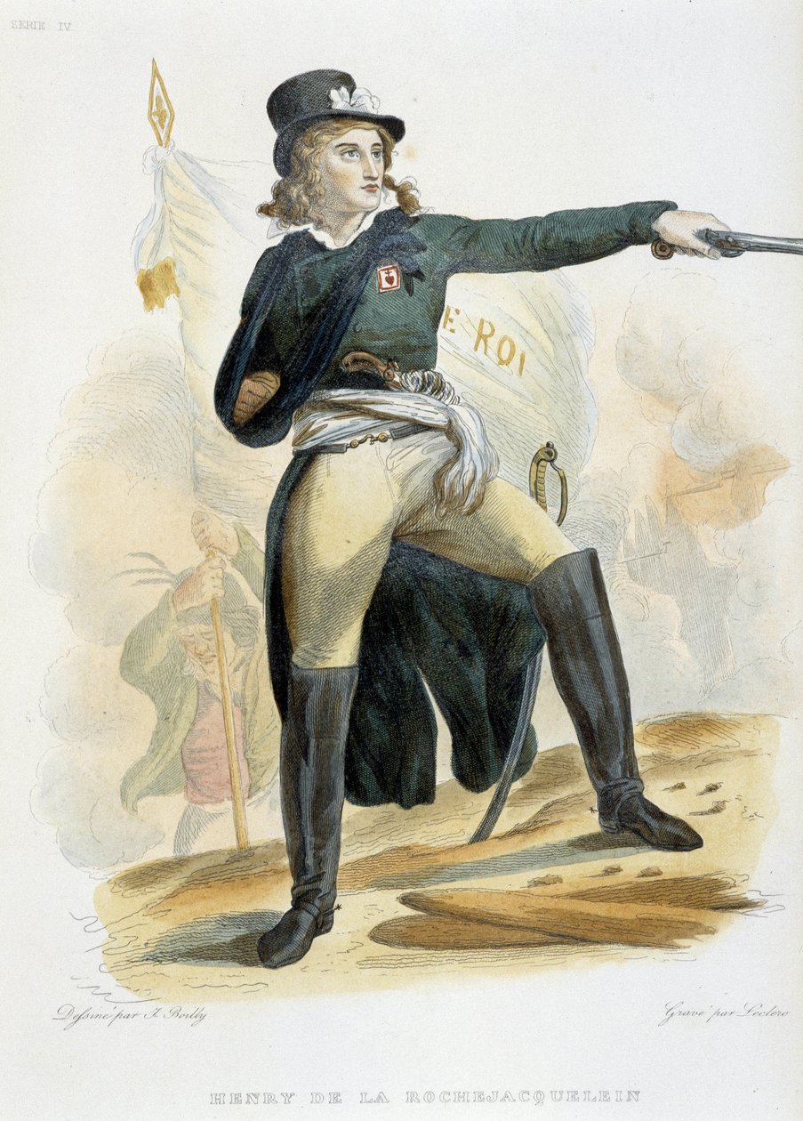 Henri du Vergierin, La Rochejaqueleinin kreivin (tai La Rochejacqueleinin hedelmätarhan) (1772-1794) muotokuva, jossa lippu "elä kuningas" (rinnuksessa vendeenien arvomerkit) - kirjassa "Le Plutarque Français"" Mennechet, osa 8, 1841 tekijältä French School
