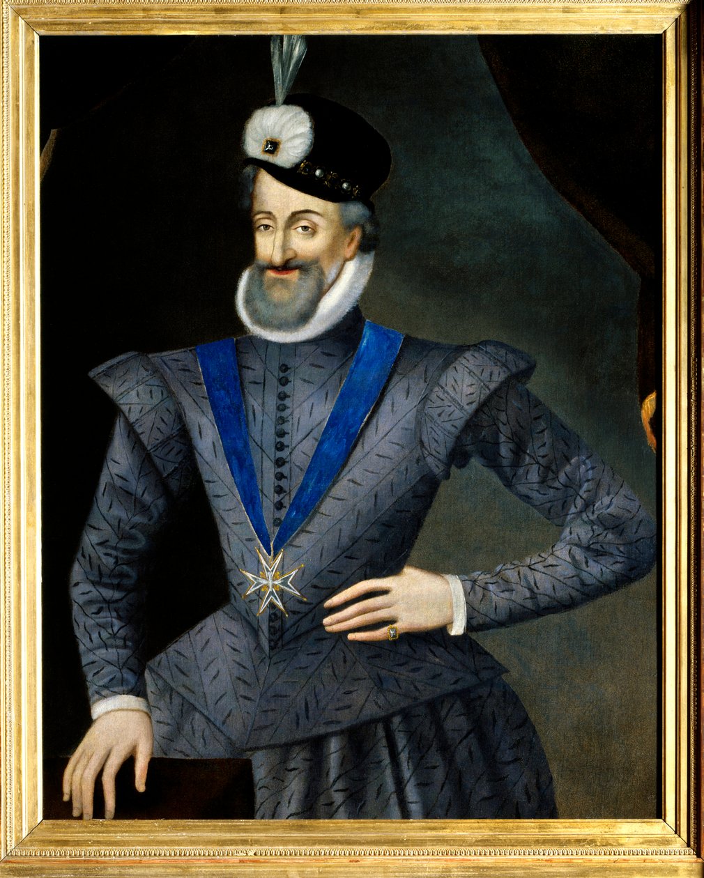 Henry IV:n (1553-1610) Ranskan kuninkaan muotokuva. Hänellä on Pyhän Hengen ritarikunnan (Pyhän Hengen ritarikunnan) arvomerkin kaulakoru. Anonyymi ranskalainen maalaus 1600-luvulta. Öljy kankaalle. Mitat: 0,95x1,13m. Pakollinen maininta: Sully sur Loi tekijältä French School