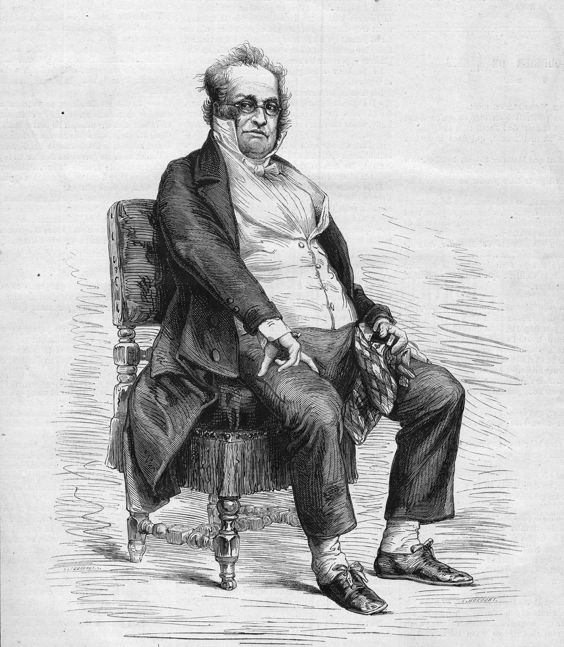 Henry Monnierin (1799-1877) muotokuva, ranskalainen näytelmäkirjailija, sarjakuvapiirtäjä ja koomikko. Hän on pukeutunut "Monsieur Prudhommeksi", Monnierin keksimäksi hahmoksi, sarjakuvaksi ranskalaisesta porvaristosta 1800-luvulla. Kaiverrus "" Le Monde I tekijältä French School