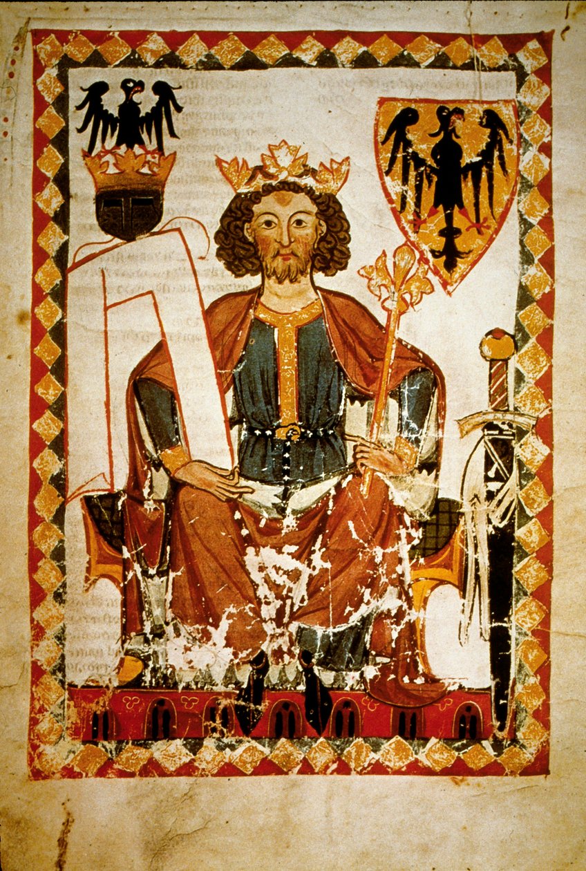Henry VI:n (1165-1197), Saksan, Sisilian kuninkaan ja Pyhän Rooman valtakunnan keisarin muotokuva. Codex “Manesse” pienoismalli tekijältä French School