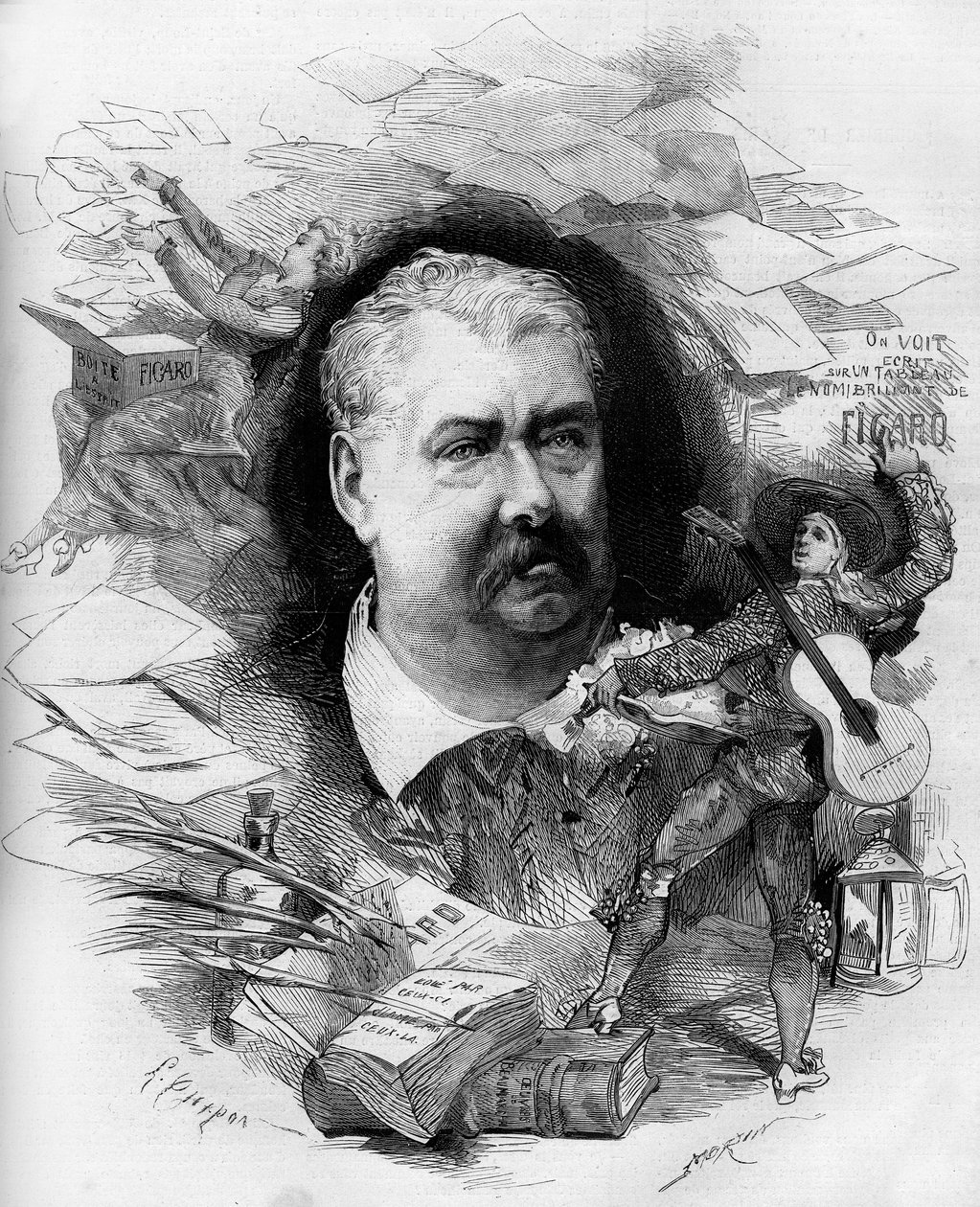 Hippolyte de Villemessant (1810-1879), ranskalaisen toimittajan, Figaron perustajan muotokuva. Kaiverrus "" Le Monde Illustré" -julkaisussa nro 1151, 19. huhtikuuta 1879. tekijältä French School