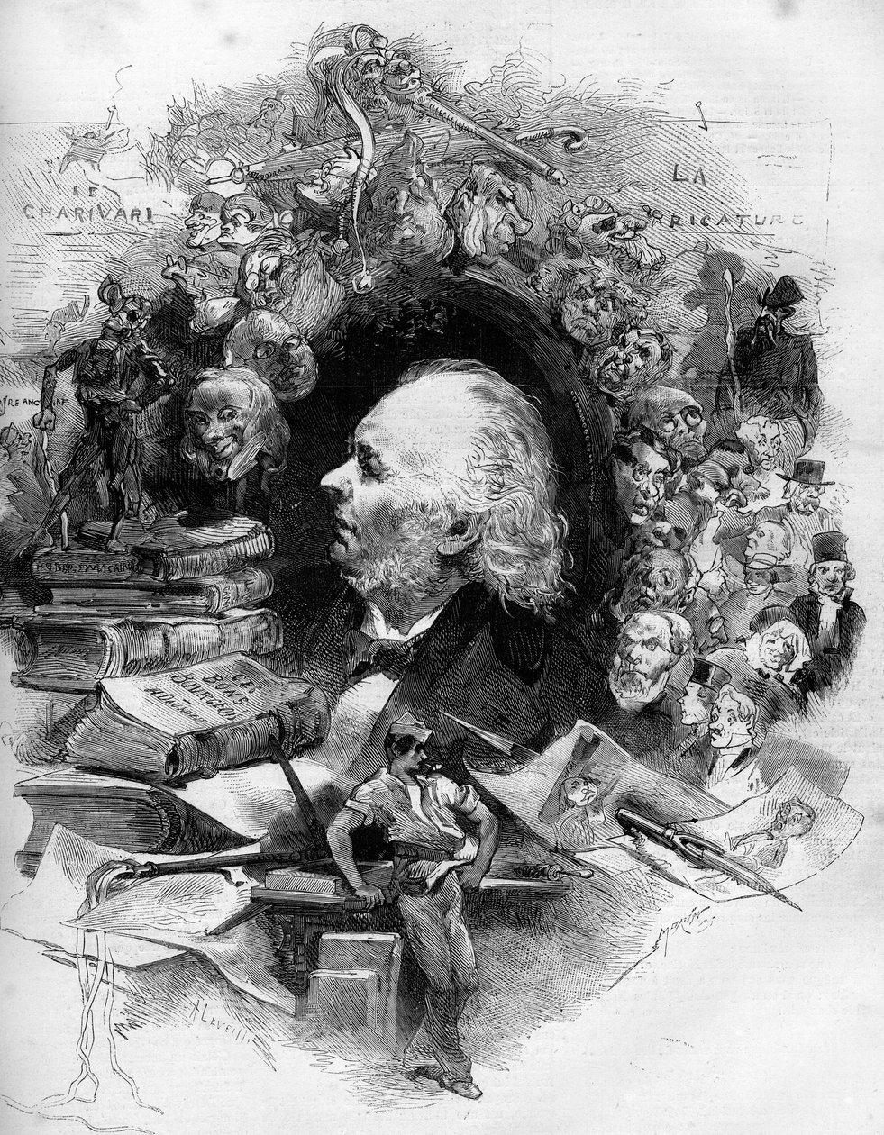 Honore Daumierin (1808-1879), ranskalaisen sarjakuvapiirtäjän, taidemaalarin ja sarjakuvapiirtäjän muotokuva. Kaiverrus "" Le Monde Illustré" -julkaisussa nro 1143, 22. helmikuuta tekijältä French School