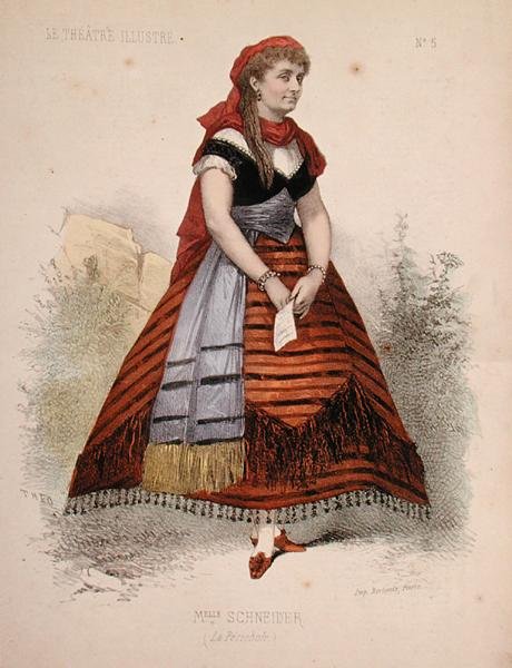 Hortense Schneiderin (1833-1920) muotokuva La Perichlen roolissa Jacques Offenbachin (1819-90) samannimisessä operetissa, kuvitus teoksesta "Le Theatre Illustre" (värinen lito) tekijältä French School